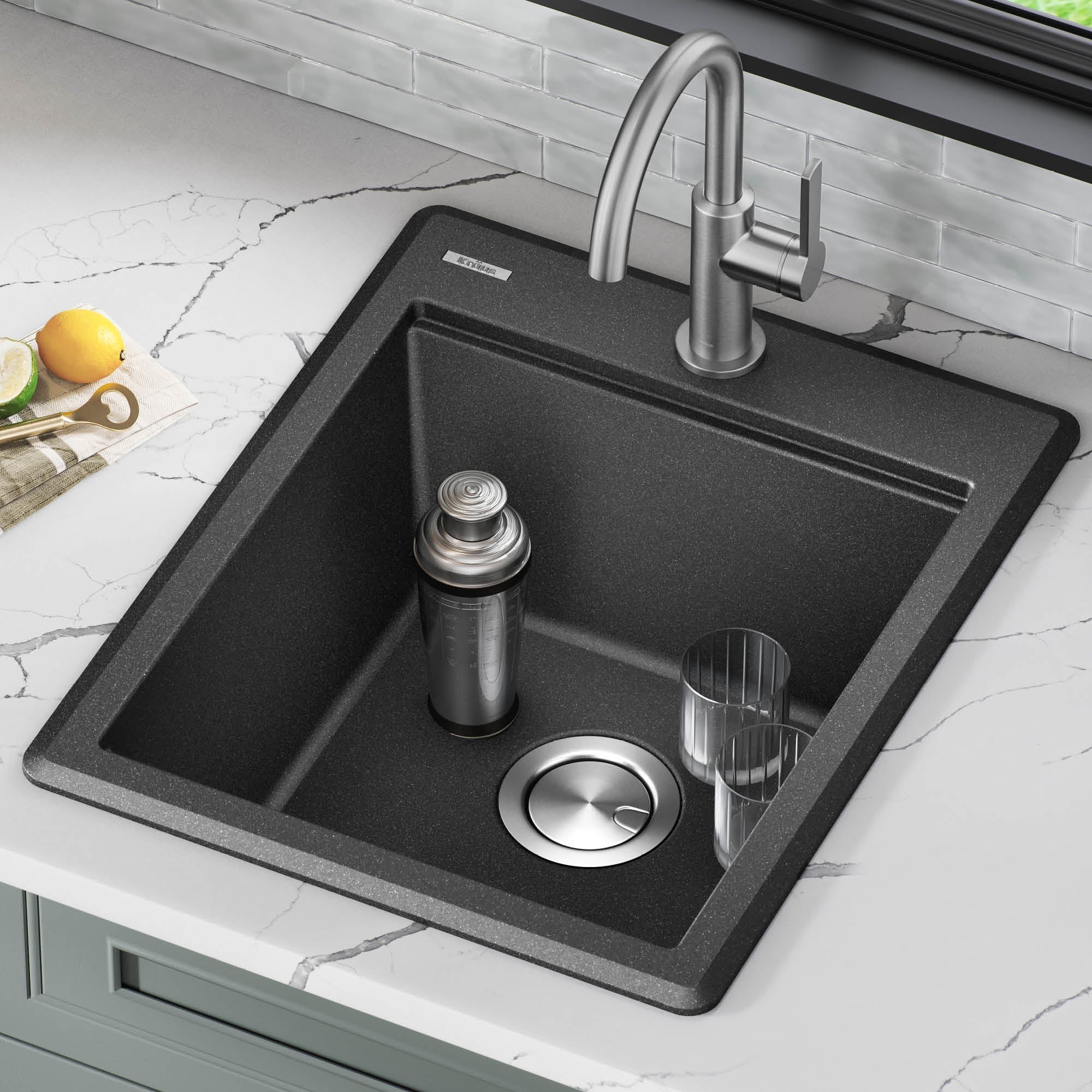 KRAUS 18” Drop-In Granite Composite Workstation Kitchen Bar Sink in Metallic Black - KGTW12-18MBL