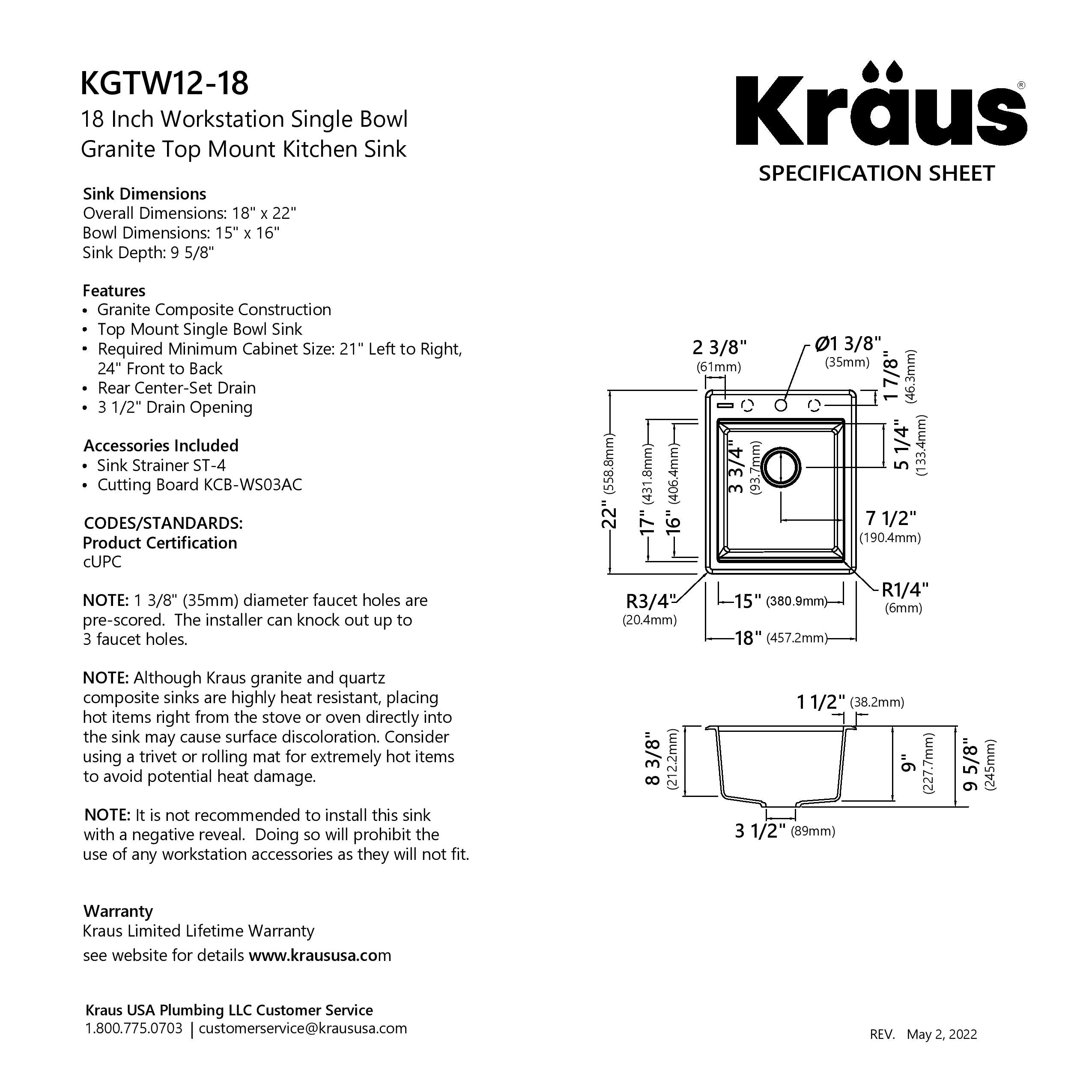 KRAUS 18” Drop-In Granite Composite Workstation Kitchen Bar Sink in Metallic Black - KGTW12-18MBL