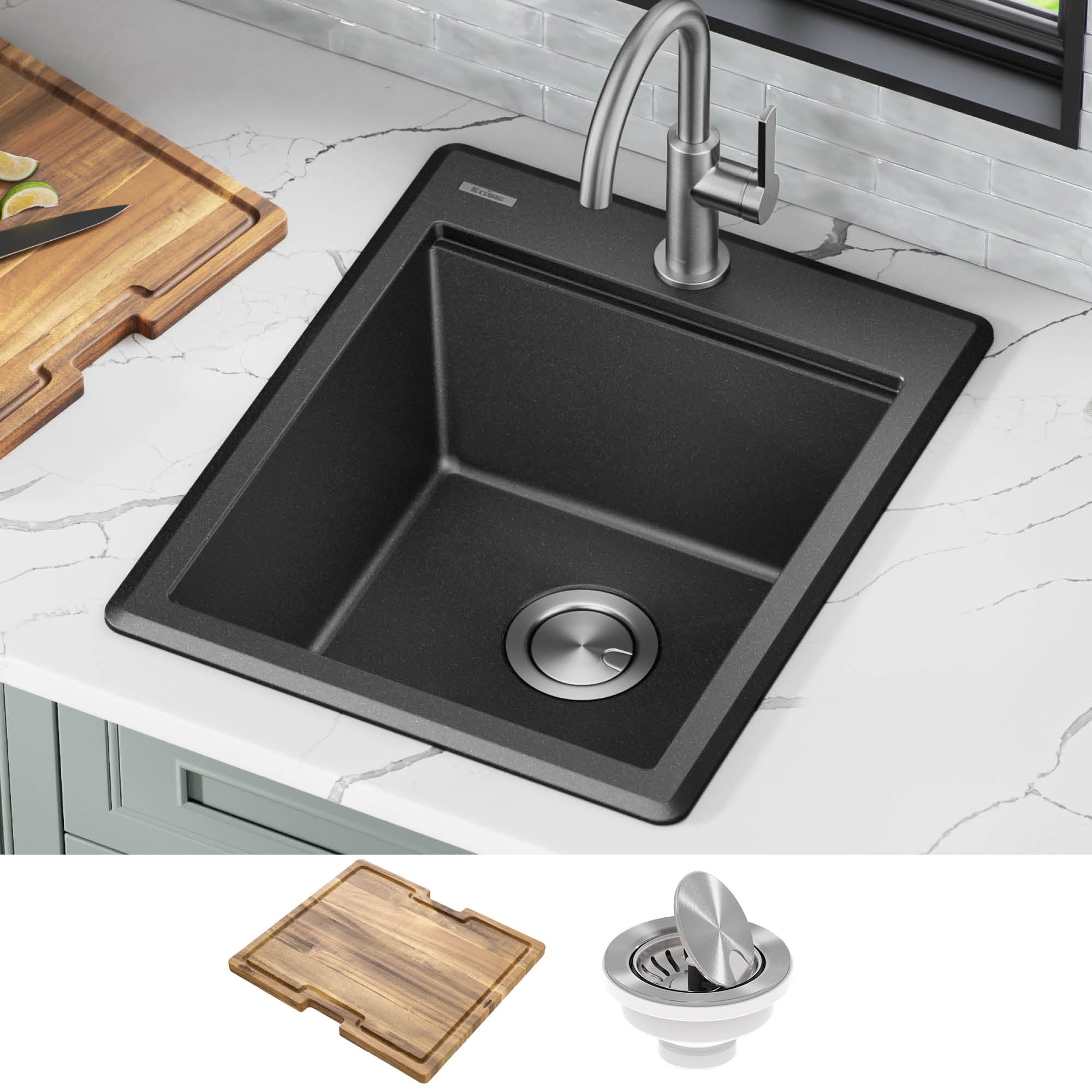 KRAUS 18” Drop-In Granite Composite Workstation Kitchen Bar Sink in Metallic Black - KGTW12-18MBL