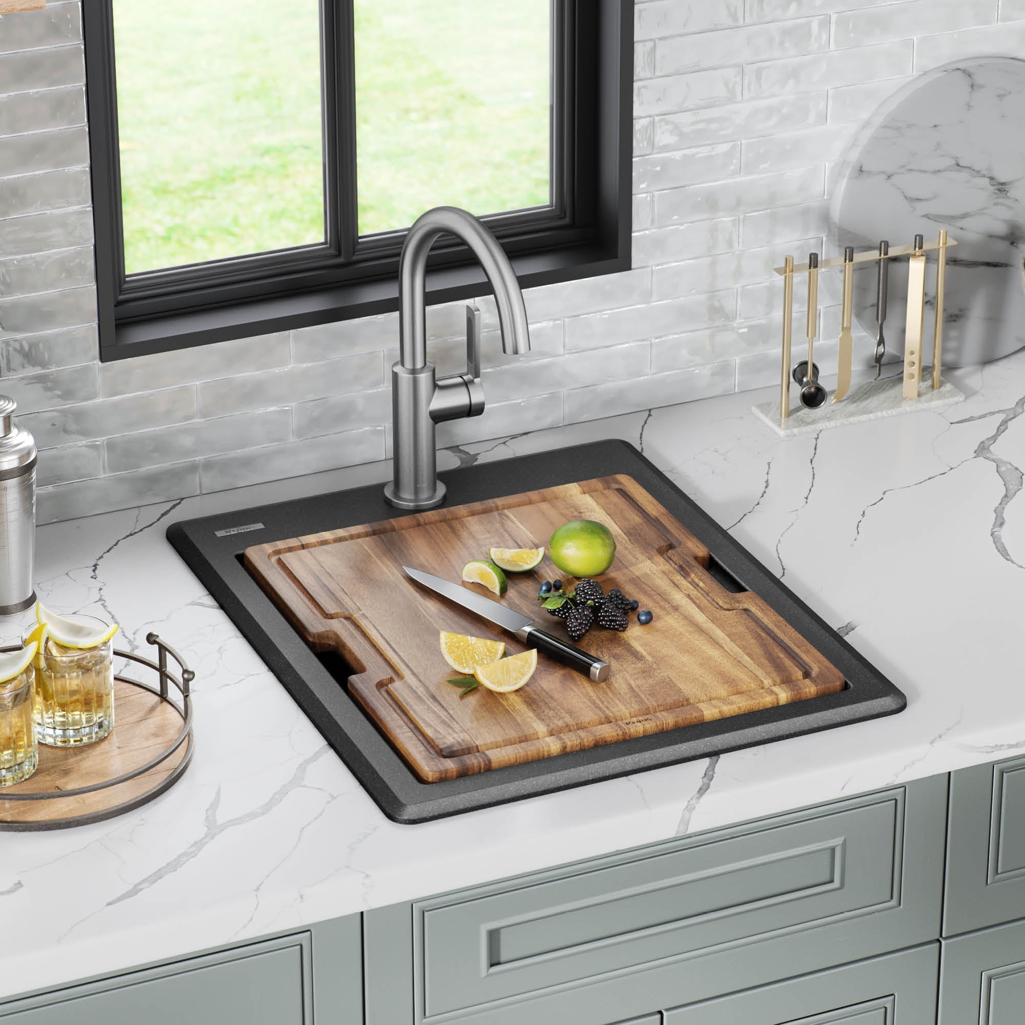 KRAUS 18” Drop-In Granite Composite Workstation Kitchen Bar Sink in Metallic Black - KGTW12-18MBL