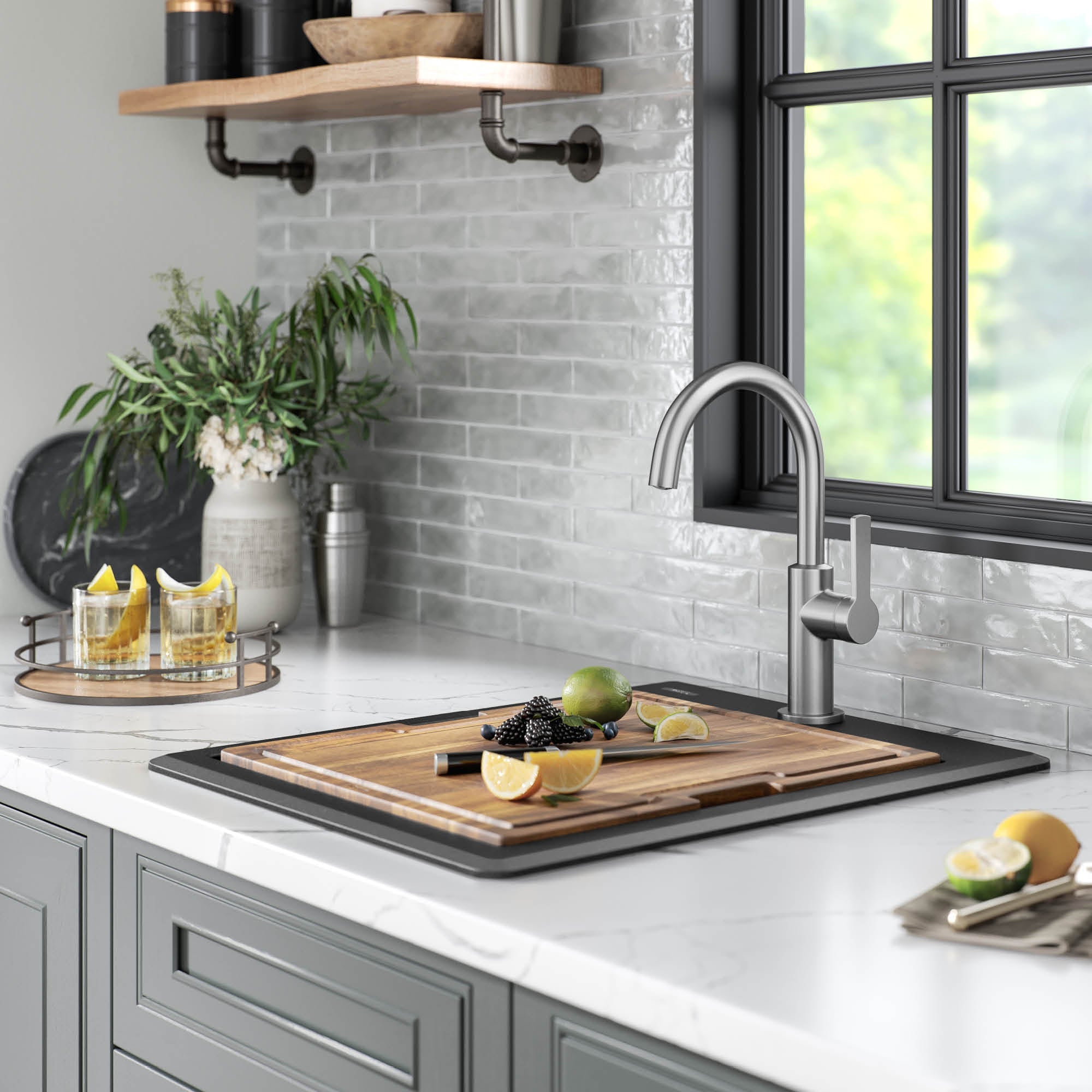 KRAUS 18” Drop-In Granite Composite Workstation Kitchen Bar Sink in Metallic Black - KGTW12-18MBL