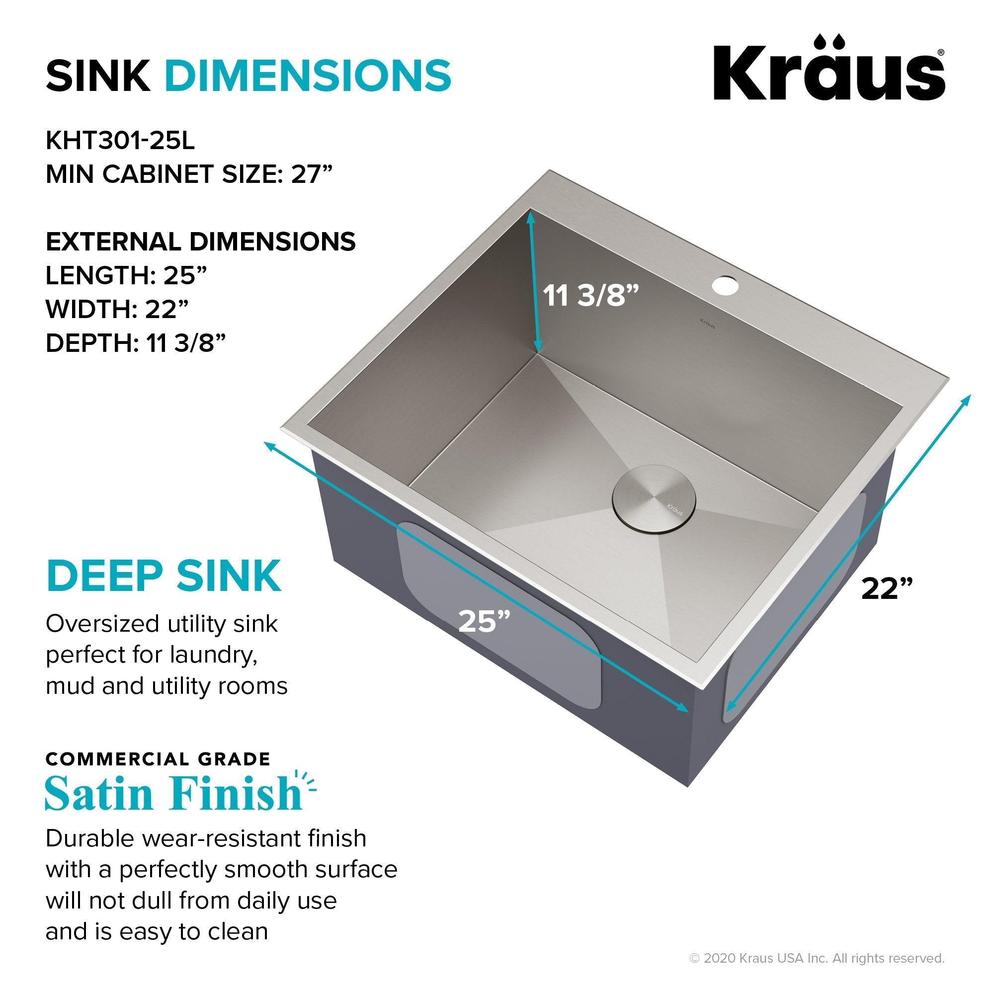 KRAUS 25" Drop-in 16 Gauge Stainless Steel Laundry Utility Sink - KHT301-25L
