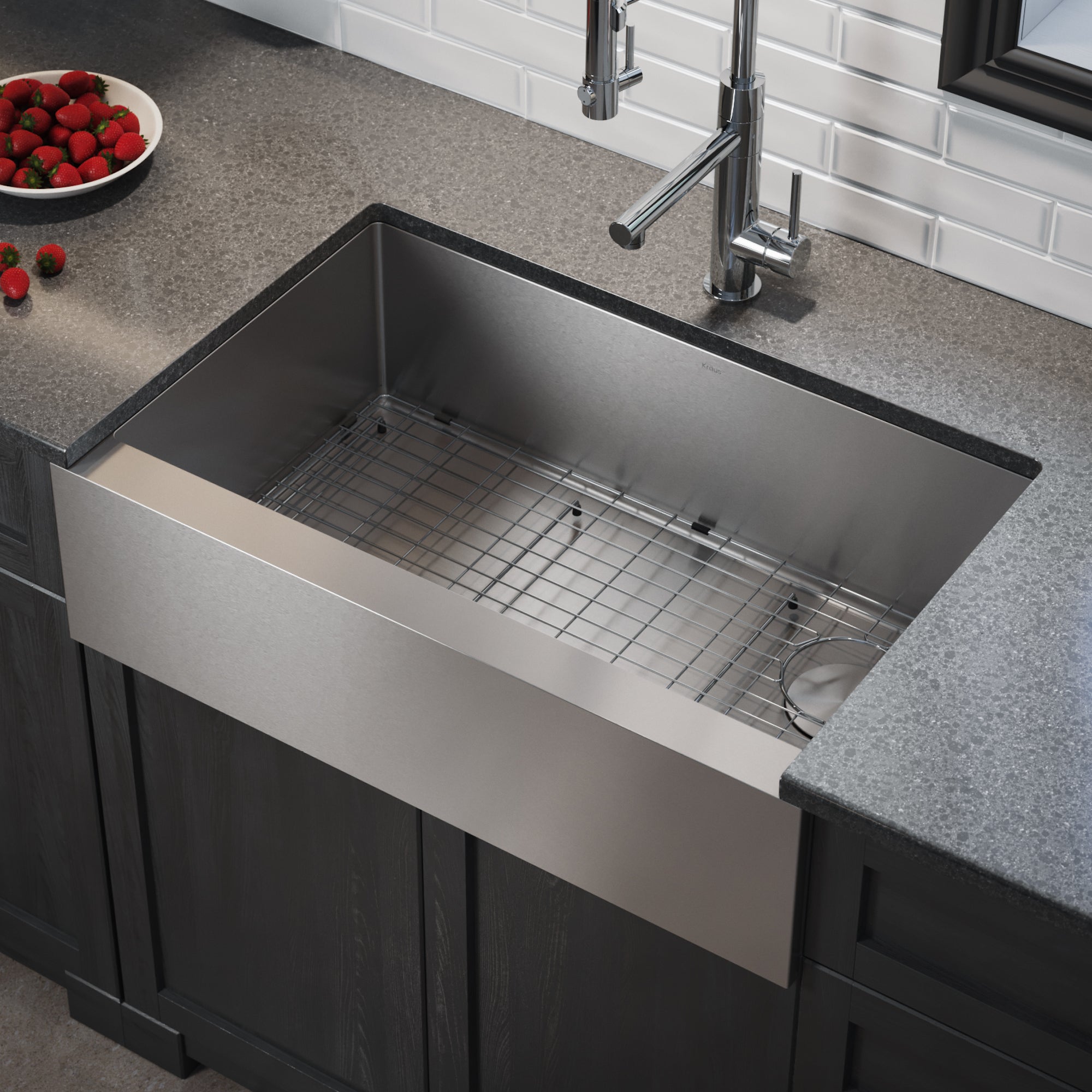 KRAUS 33" Modern Flat Front Farmhouse Stainless Steel Kitchen Sink with Off Center Drain - KHF410-33