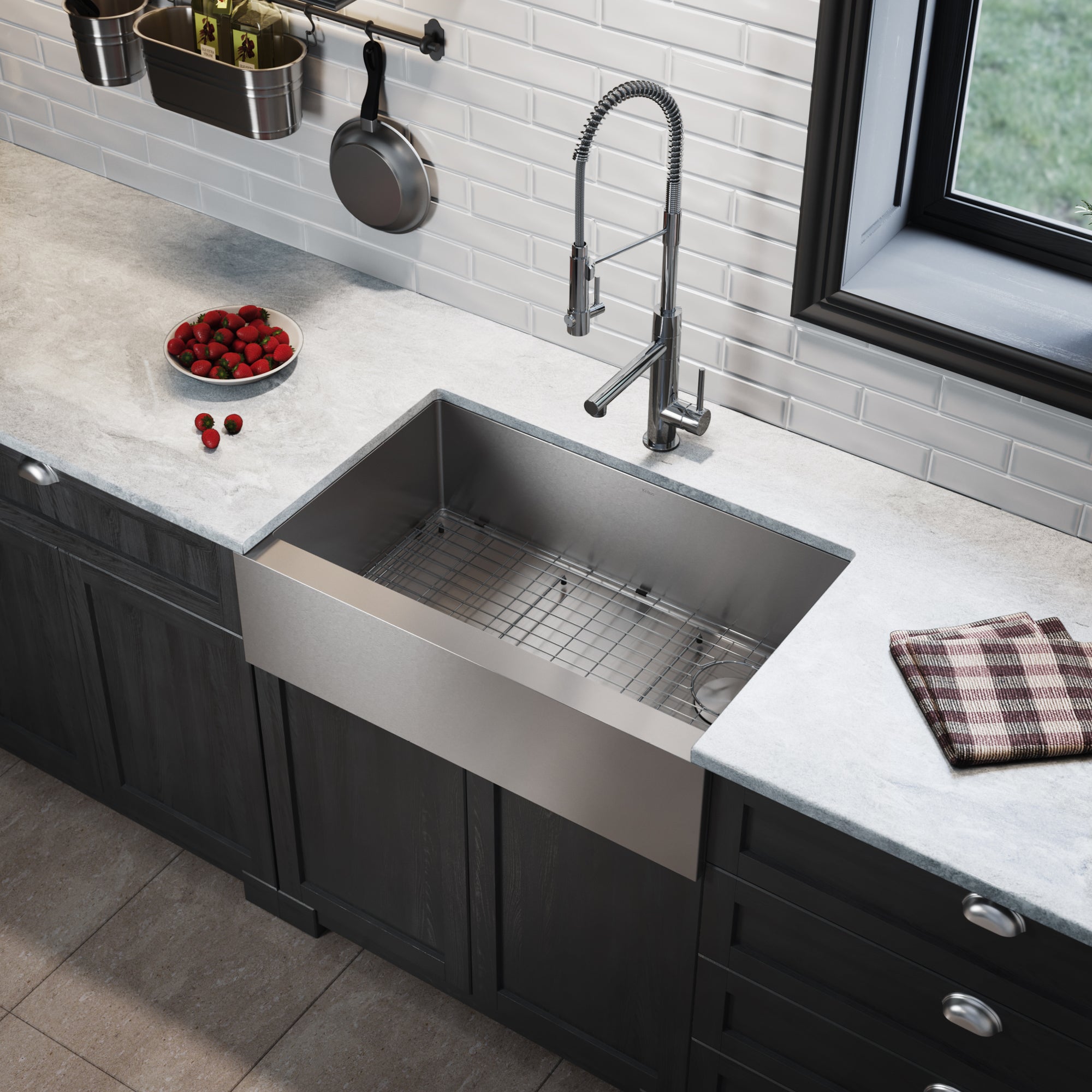 KRAUS 33" Modern Flat Front Farmhouse Stainless Steel Kitchen Sink with Off Center Drain - KHF410-33