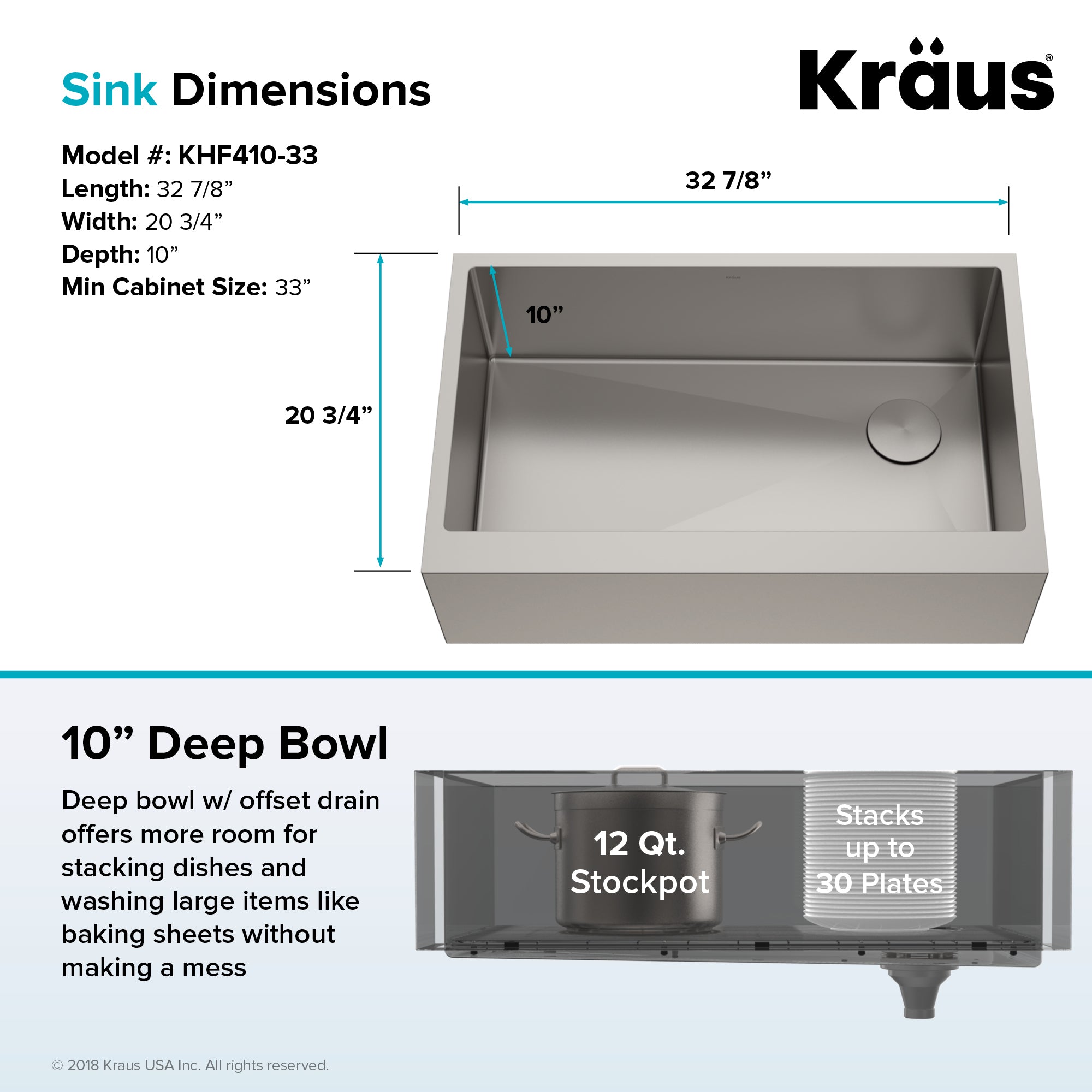 KRAUS 33" Modern Flat Front Farmhouse Stainless Steel Kitchen Sink with Off Center Drain - KHF410-33