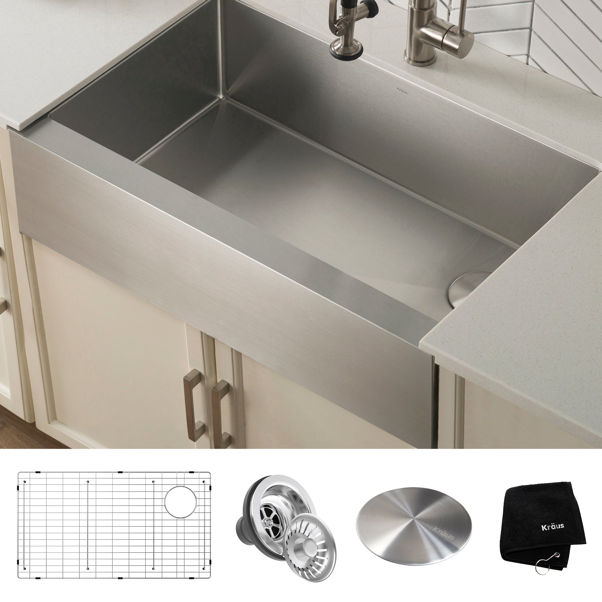 KRAUS 33" Modern Flat Front Farmhouse Stainless Steel Kitchen Sink with Off Center Drain - KHF410-33