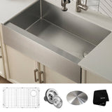 KRAUS 33" Modern Flat Front Farmhouse Stainless Steel Kitchen Sink with Off Center Drain - KHF410-33