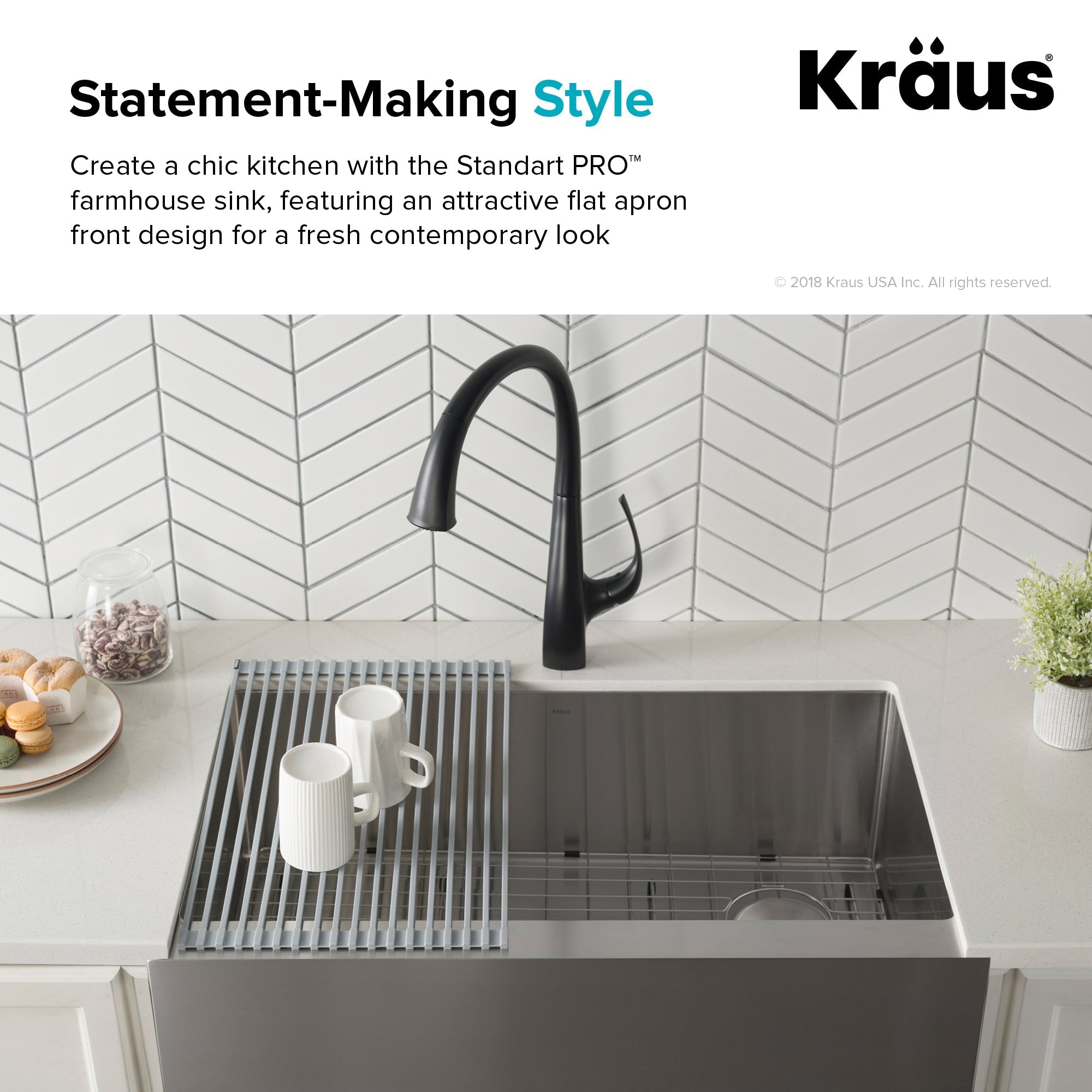 KRAUS 33" Modern Flat Front Farmhouse Stainless Steel Kitchen Sink with Off Center Drain - KHF410-33
