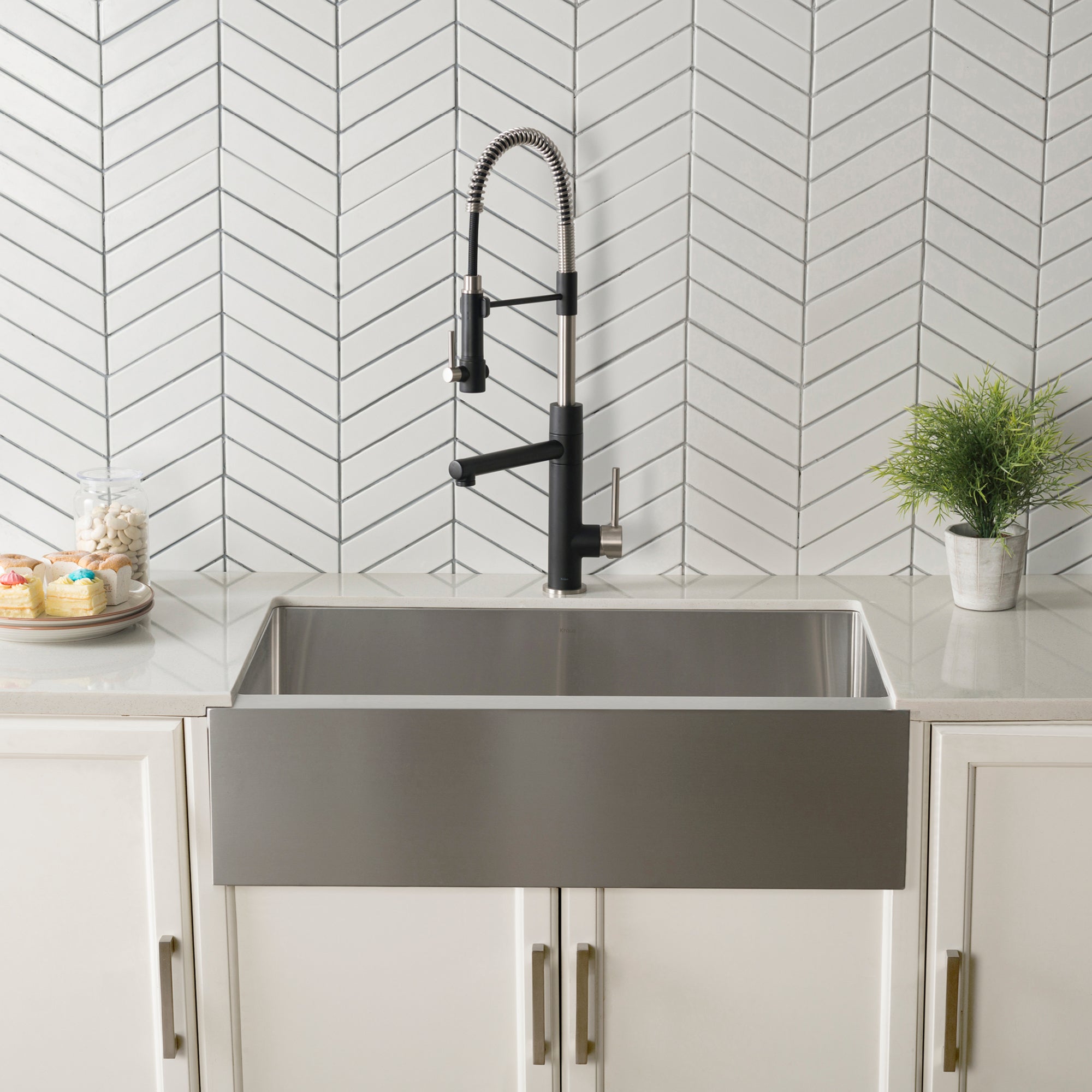 KRAUS 33" Modern Flat Front Farmhouse Stainless Steel Kitchen Sink with Off Center Drain - KHF410-33