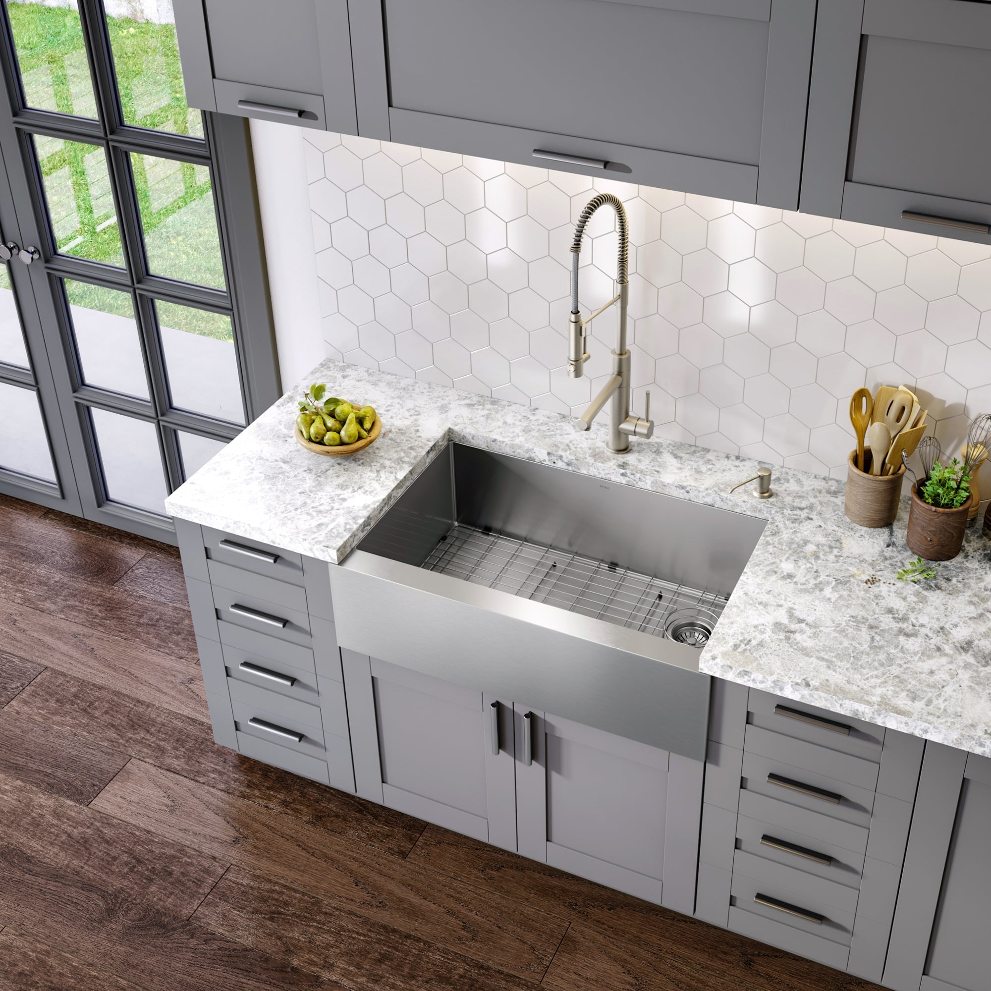 KRAUS 33" Modern Flat Front Farmhouse Stainless Steel Kitchen Sink with Off Center Drain - KHF410-33