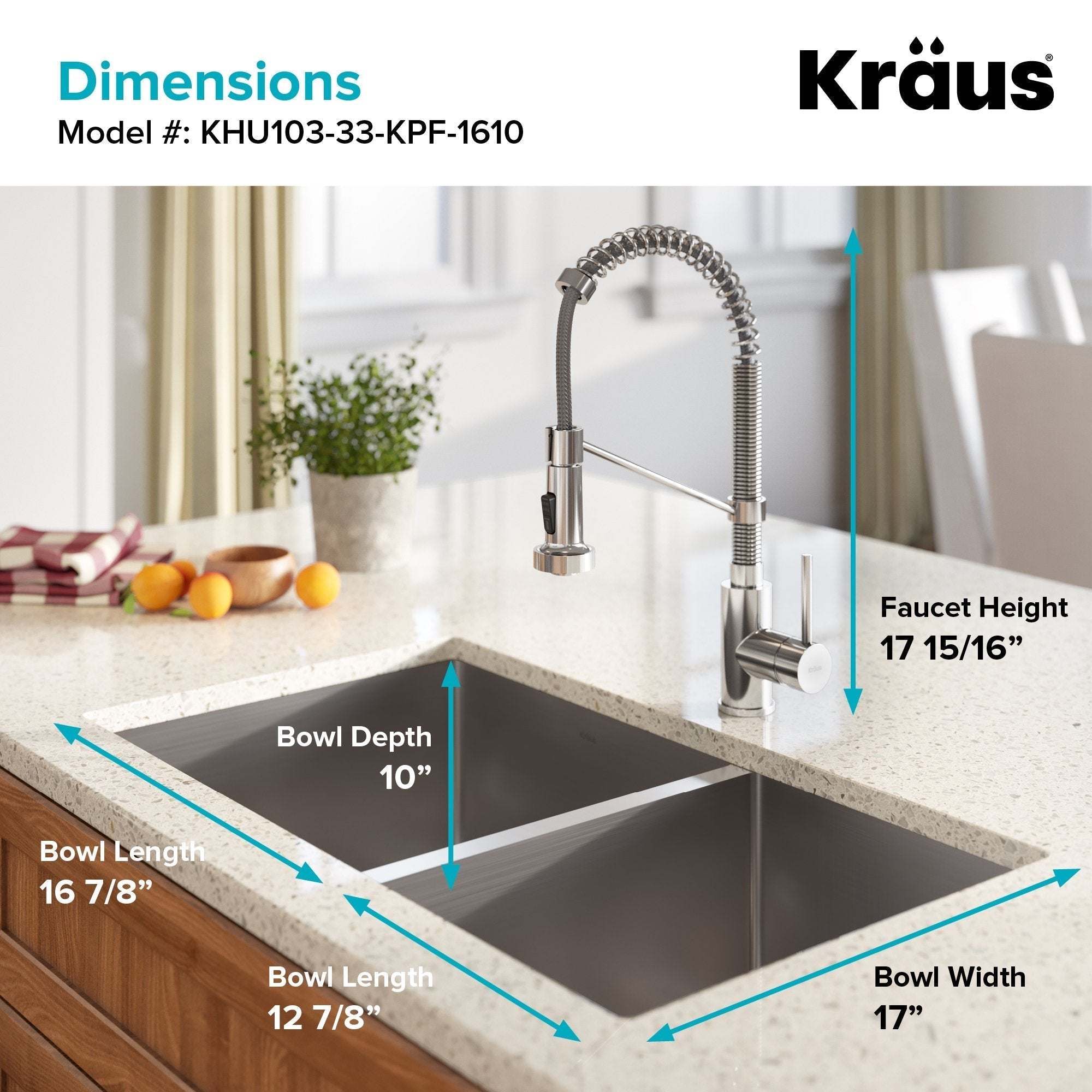 KRAUS 33" Stainless Steel Kitchen Sink and Kitchen Faucet - KHU103-33-1610-53CH