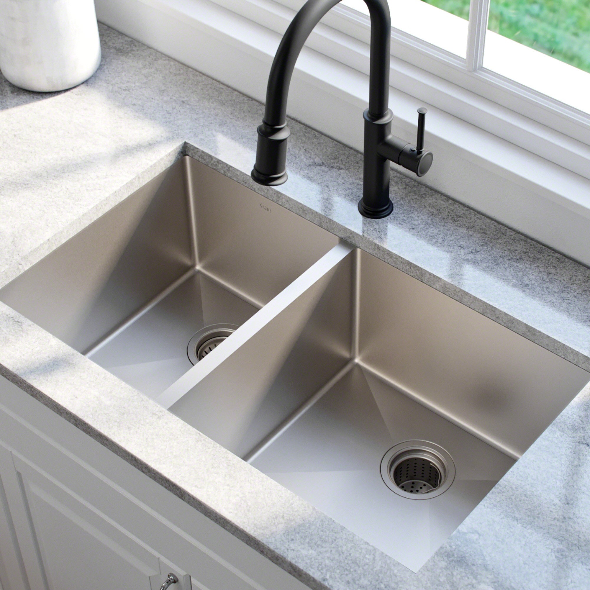 KRAUS 33" Undermount 40/60 Double Bowl 16 Gauge Stainless Steel Kitchen Sink with NoiseDefend Soundproofing - KHU104-33