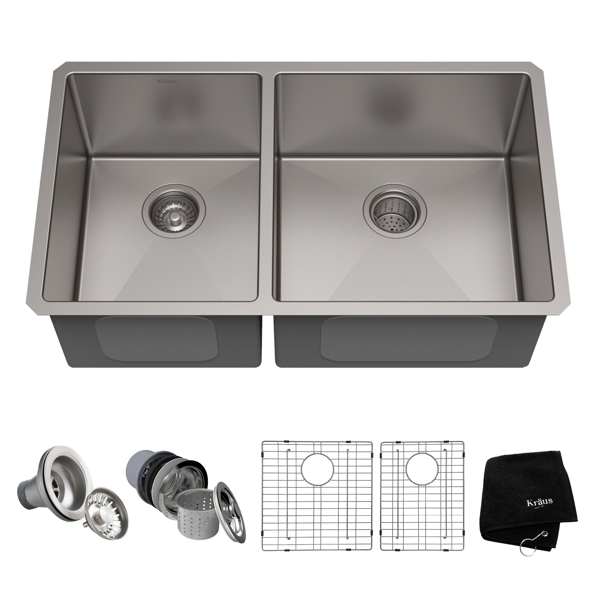 KRAUS 33" Undermount 40/60 Double Bowl 16 Gauge Stainless Steel Kitchen Sink with NoiseDefend Soundproofing - KHU104-33