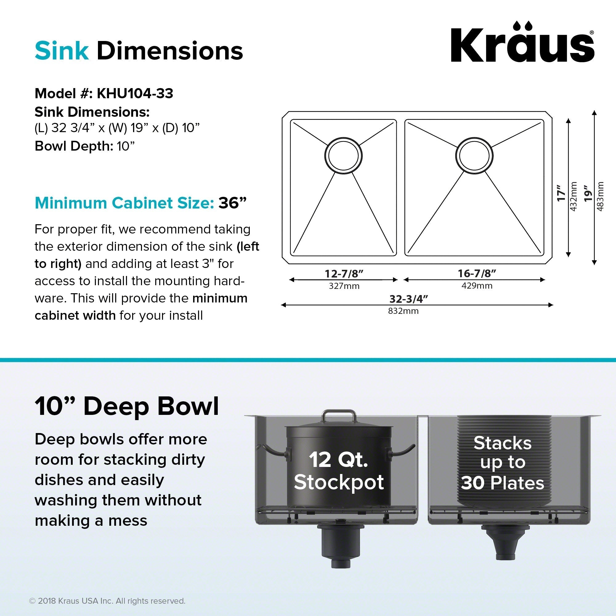 KRAUS 33" Undermount 40/60 Double Bowl 16 Gauge Stainless Steel Kitchen Sink with NoiseDefend Soundproofing - KHU104-33