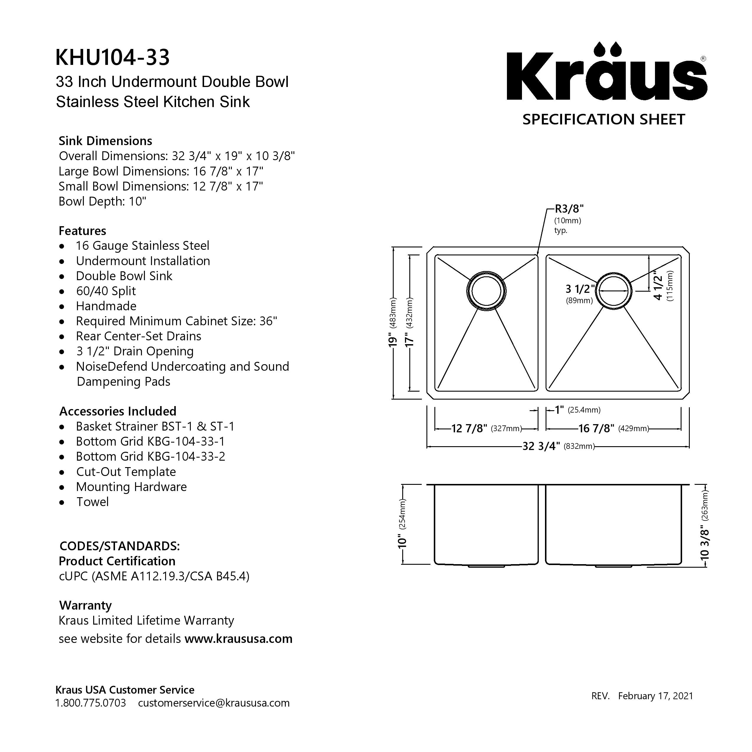 KRAUS 33" Undermount 40/60 Double Bowl 16 Gauge Stainless Steel Kitchen Sink with NoiseDefend Soundproofing - KHU104-33