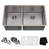 KRAUS 33" Undermount 40/60 Double Bowl 16 Gauge Stainless Steel Kitchen Sink with NoiseDefend Soundproofing - KHU104-33