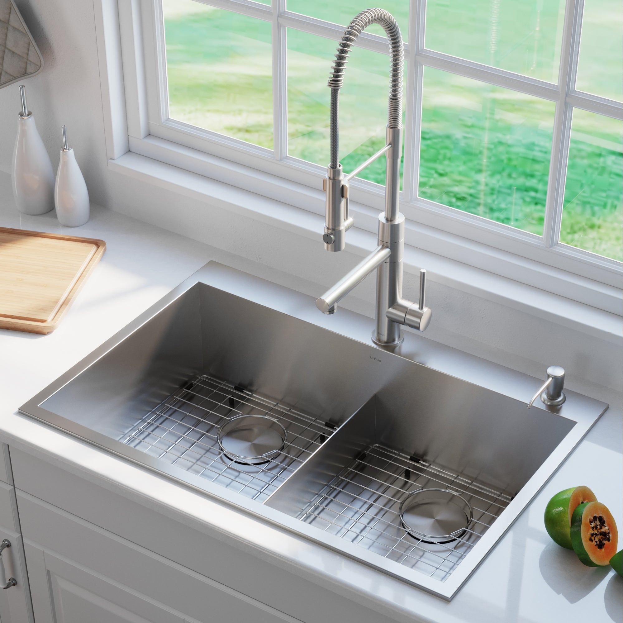 KRAUS 33" x 22" Pax Drop-In Topmount Zero-Radius Double Bowl Stainless Kitchen Sink - KP1TD33S-2