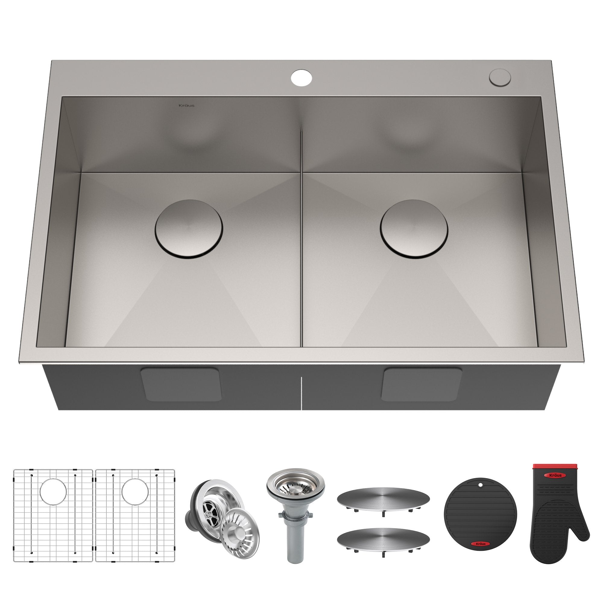 KRAUS 33" x 22" Pax Drop-In Topmount Zero-Radius Double Bowl Stainless Kitchen Sink - KP1TD33S-2