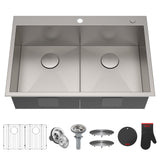 KRAUS 33" x 22" Pax Drop-In Topmount Zero-Radius Double Bowl Stainless Kitchen Sink - KP1TD33S-2