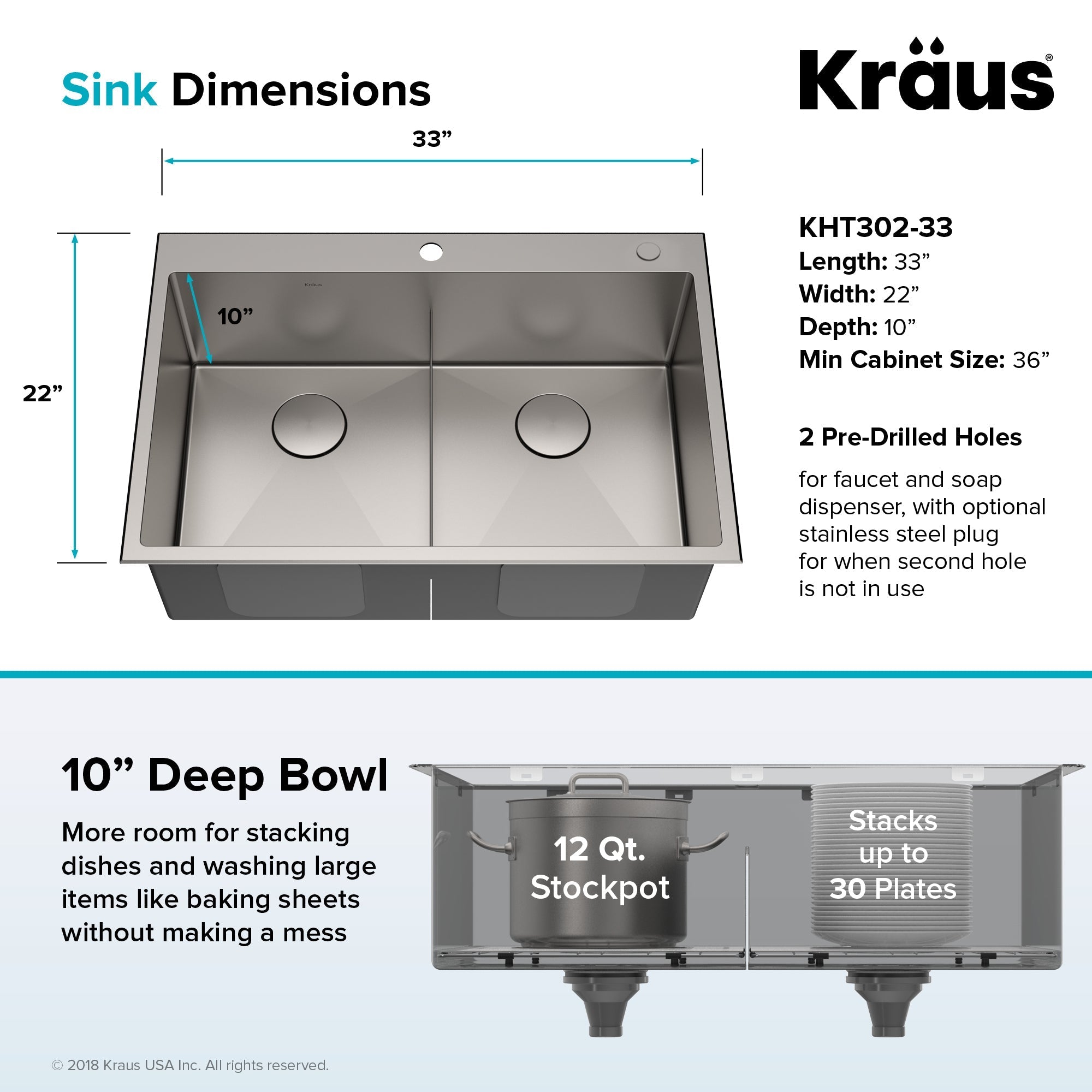 KRAUS 33 x 22 inch Standart PRO Drop-In 16 Gauge Double Bowl 2-Hole Stainless Steel Kitchen Sink - KHT302-33