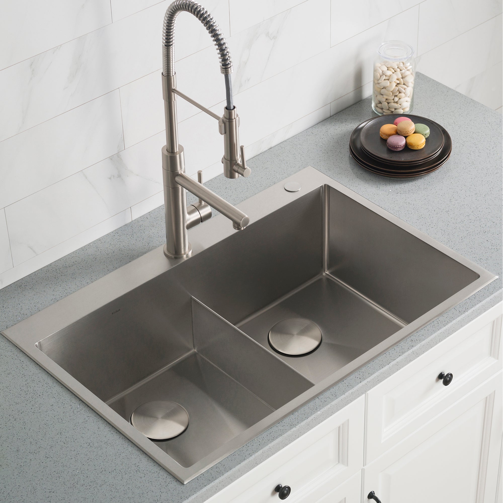 KRAUS 33 x 22 inch Standart PRO Drop-In 16 Gauge Double Bowl 2-Hole Stainless Steel Kitchen Sink - KHT302-33