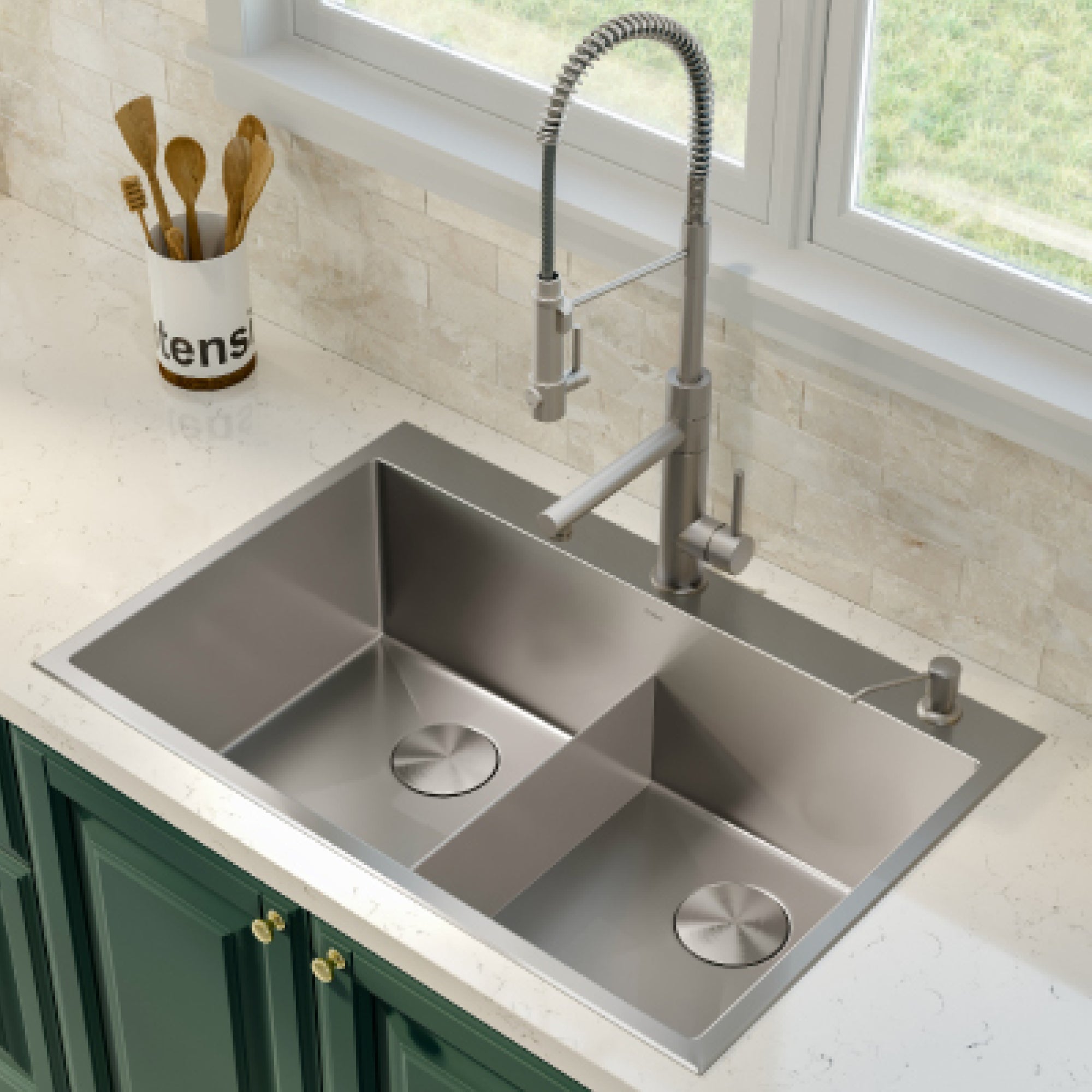 KRAUS 33 x 22 inch Standart PRO Drop-In 16 Gauge Double Bowl 2-Hole Stainless Steel Kitchen Sink - KHT302-33