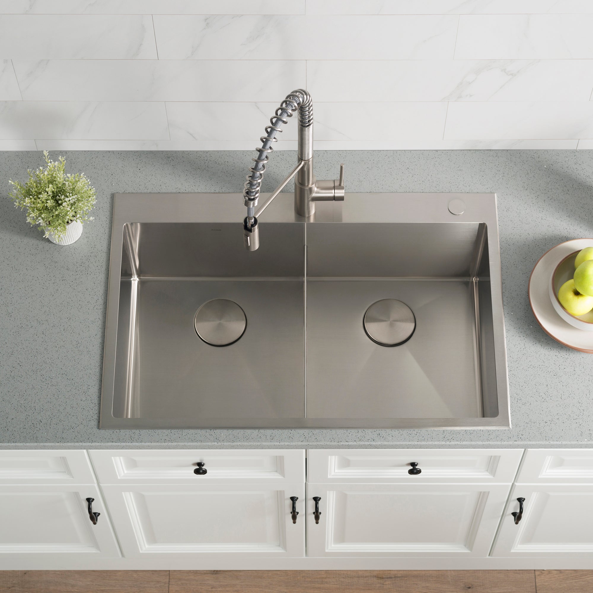 KRAUS 33 x 22 inch Standart PRO Drop-In 16 Gauge Double Bowl 2-Hole Stainless Steel Kitchen Sink - KHT302-33
