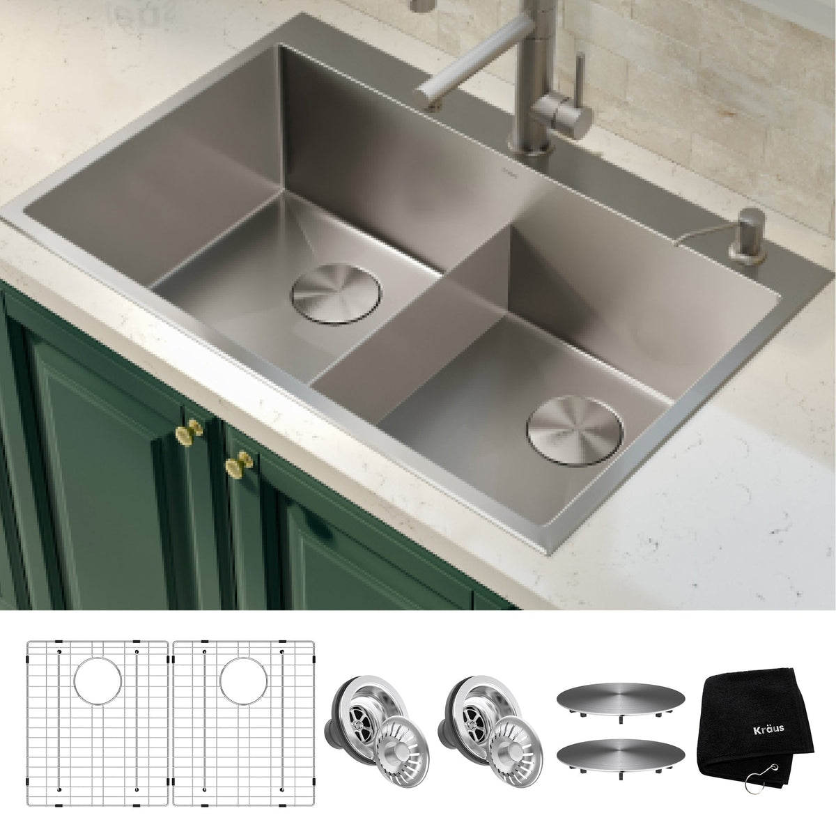KRAUS 33 x 22 inch Standart PRO Drop-In 16 Gauge Double Bowl 2-Hole Stainless Steel Kitchen Sink - KHT302-33