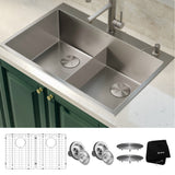 KRAUS 33 x 22 inch Standart PRO Drop-In 16 Gauge Double Bowl 2-Hole Stainless Steel Kitchen Sink - KHT302-33