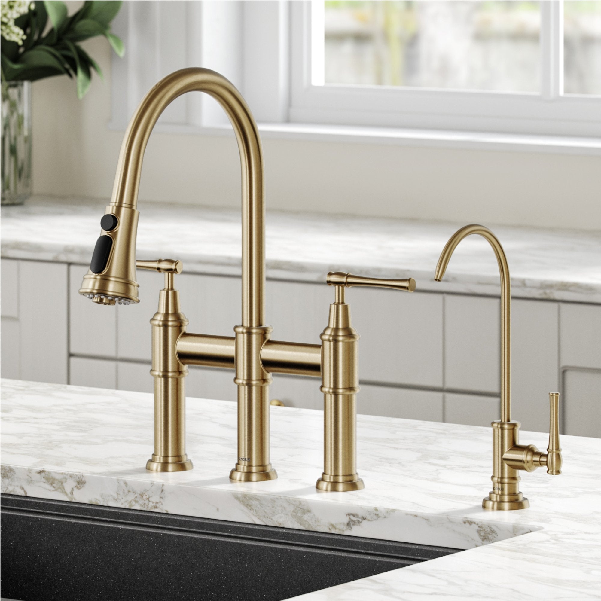 KRAUS Allyn Transitional Bridge Kitchen Faucet & Water Filter Faucet in Brushed Gold - KPF-3121-FF-102BG