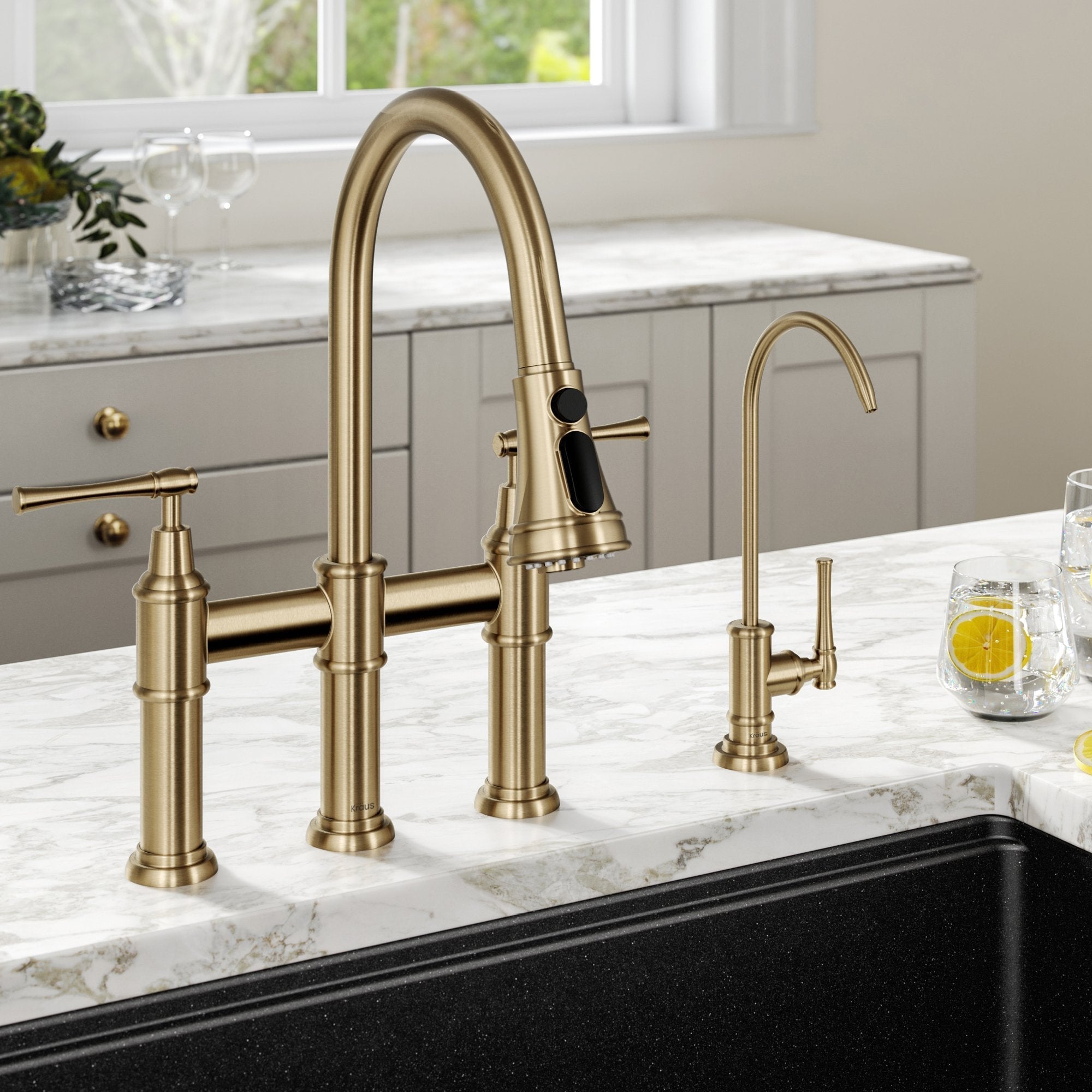 KRAUS Allyn Transitional Bridge Kitchen Faucet & Water Filter Faucet in Brushed Gold - KPF-3121-FF-102BG