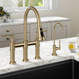 KRAUS Allyn Transitional Bridge Kitchen Faucet & Water Filter Faucet in Brushed Gold - KPF-3121-FF-102BG