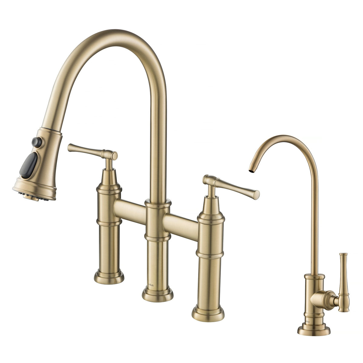 KRAUS Allyn Transitional Bridge Kitchen Faucet & Water Filter Faucet in Brushed Gold - KPF-3121-FF-102BG