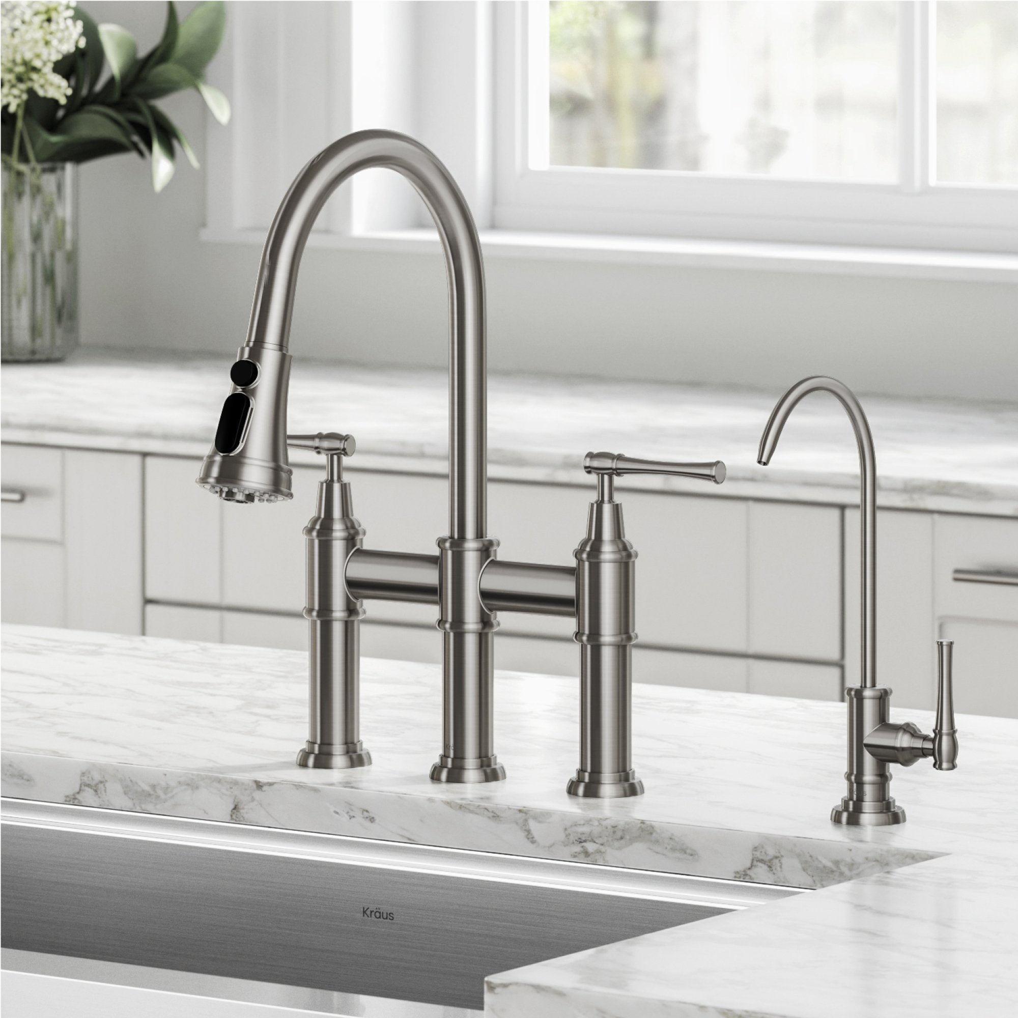 KRAUS Allyn Transitional Bridge Kitchen Faucet & Water Filter Faucet in Spot Free Stainless Steel - KPF-3121-FF-102SFS