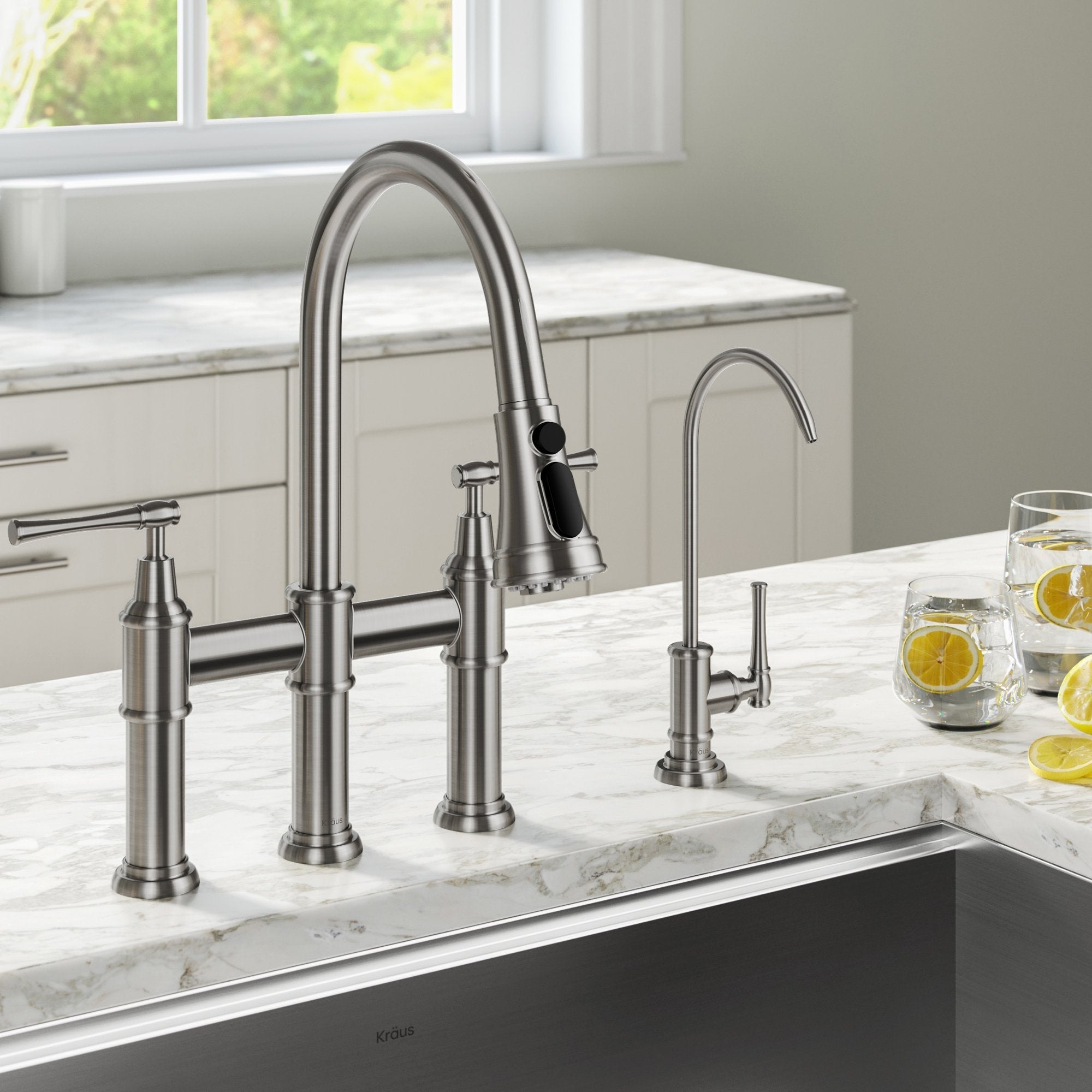 KRAUS Allyn Transitional Bridge Kitchen Faucet & Water Filter Faucet in Spot Free Stainless Steel - KPF-3121-FF-102SFS