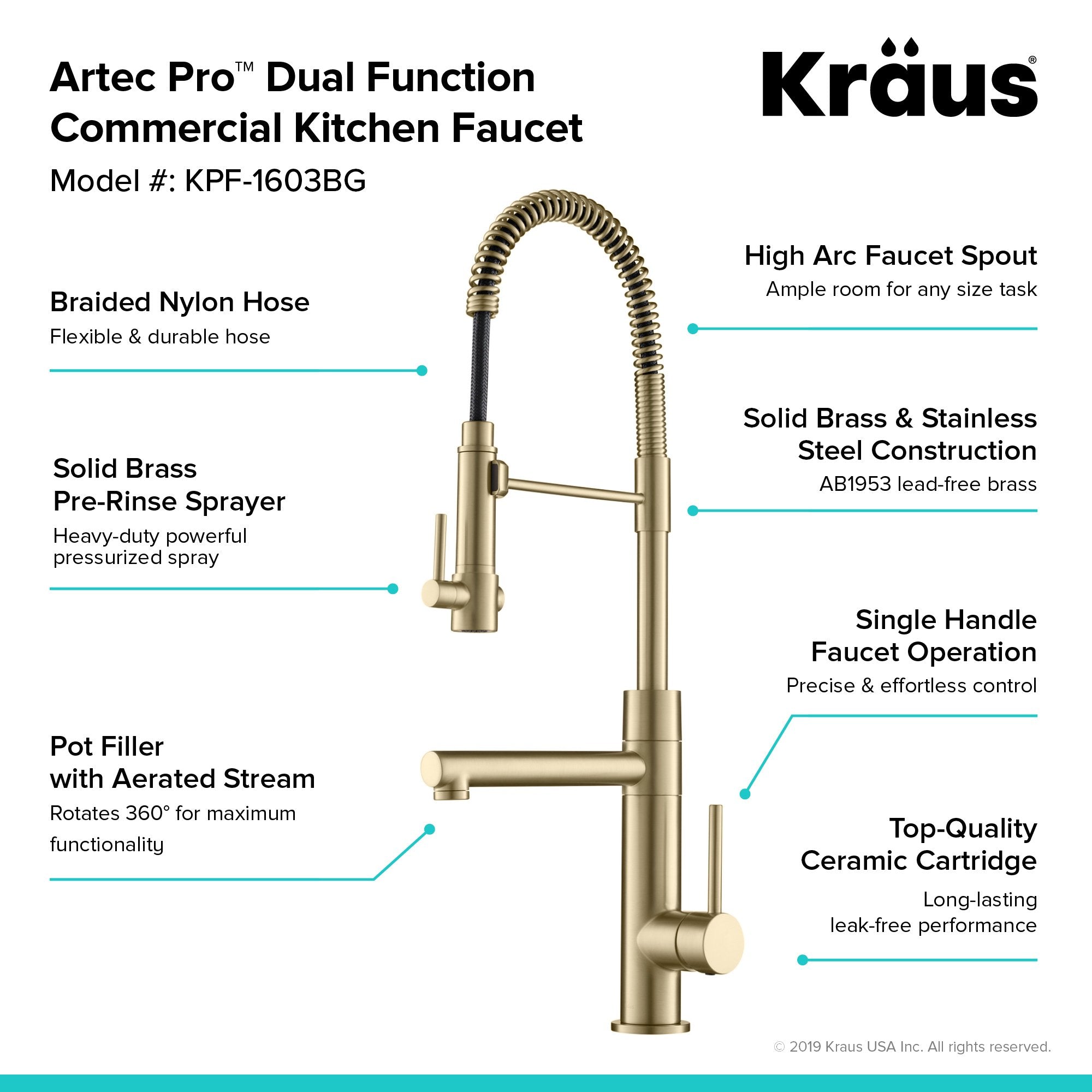 KRAUS Artec Pro 2-Function Commercial Style Pre-Rinse Kitchen Faucet in Brushed Gold - KPF-1603BG