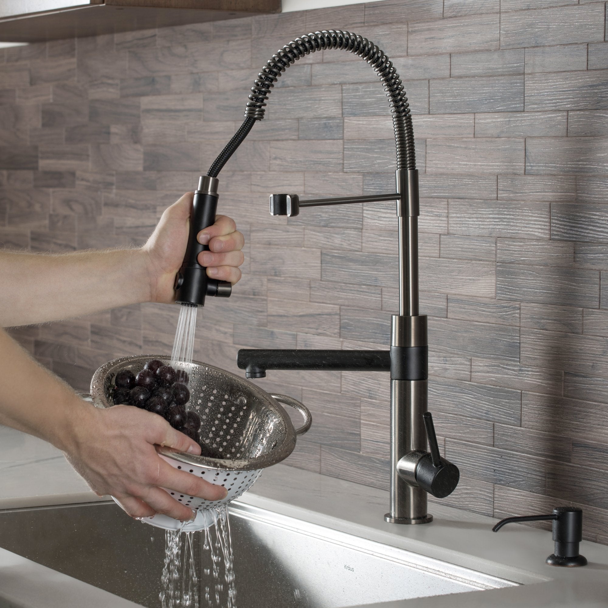 KRAUS Artec Pro 2-Function Commercial Style Pre-Rinse Kitchen Faucet with Matching Deck Plate in Matte Black/Black Stainless - KPF-1603MBSB-DP03SB