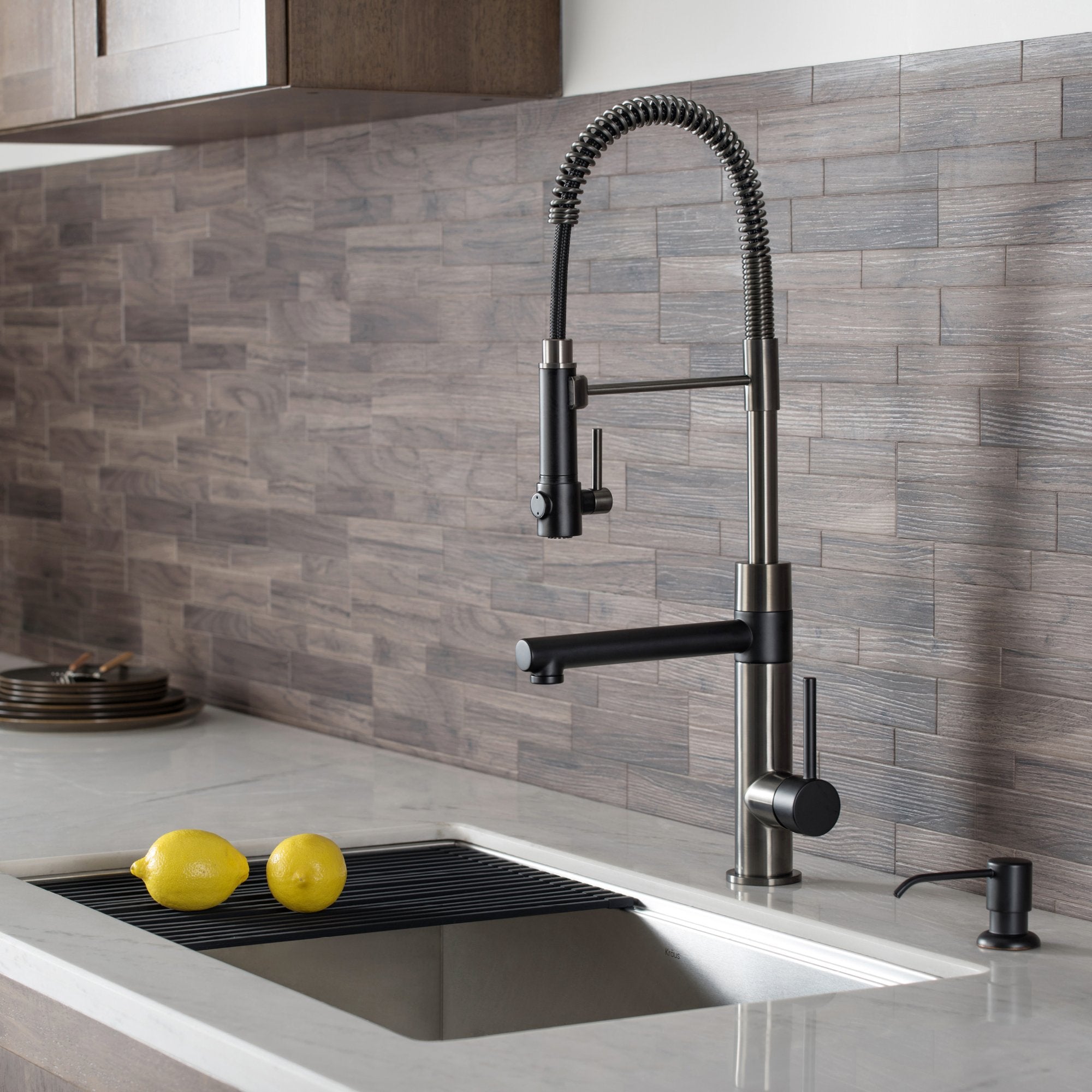 KRAUS Artec Pro 2-Function Commercial Style Pre-Rinse Kitchen Faucet with Matching Deck Plate in Matte Black/Black Stainless - KPF-1603MBSB-DP03SB
