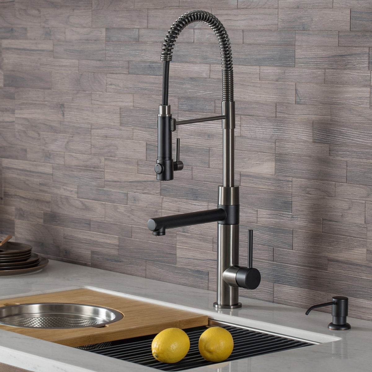KRAUS Artec Pro 2-Function Commercial Style Pre-Rinse Kitchen Faucet with Matching Deck Plate in Matte Black/Black Stainless - KPF-1603MBSB-DP03SB
