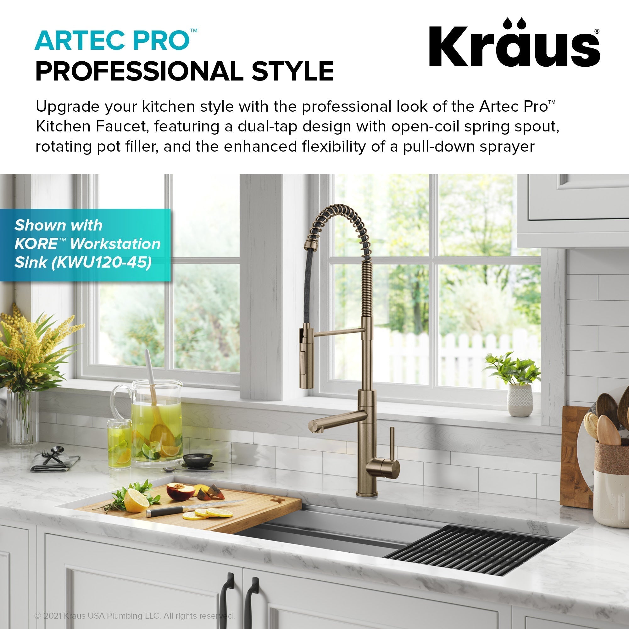KRAUS Artec Pro Commercial Style Single Handle Kitchen Faucet with Pot Filler in Spot Free Antique Champagne Bronze
