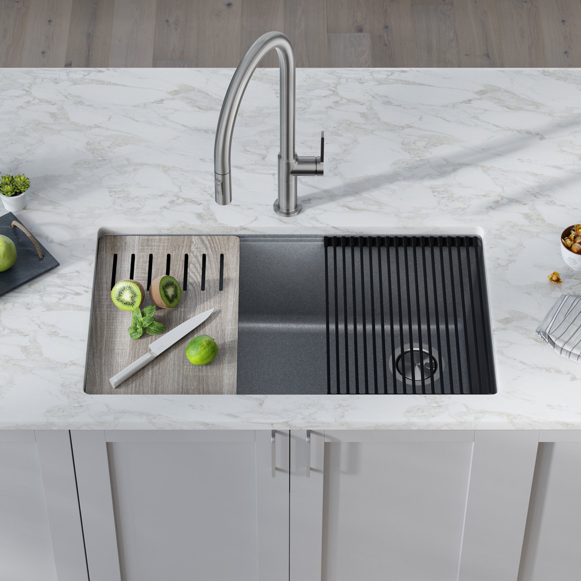 KRAUS Bellucci Workstation 33" Undermount Granite Composite Kitchen Sink in Metallic Gray with Accessories - KGUW2-33MGR