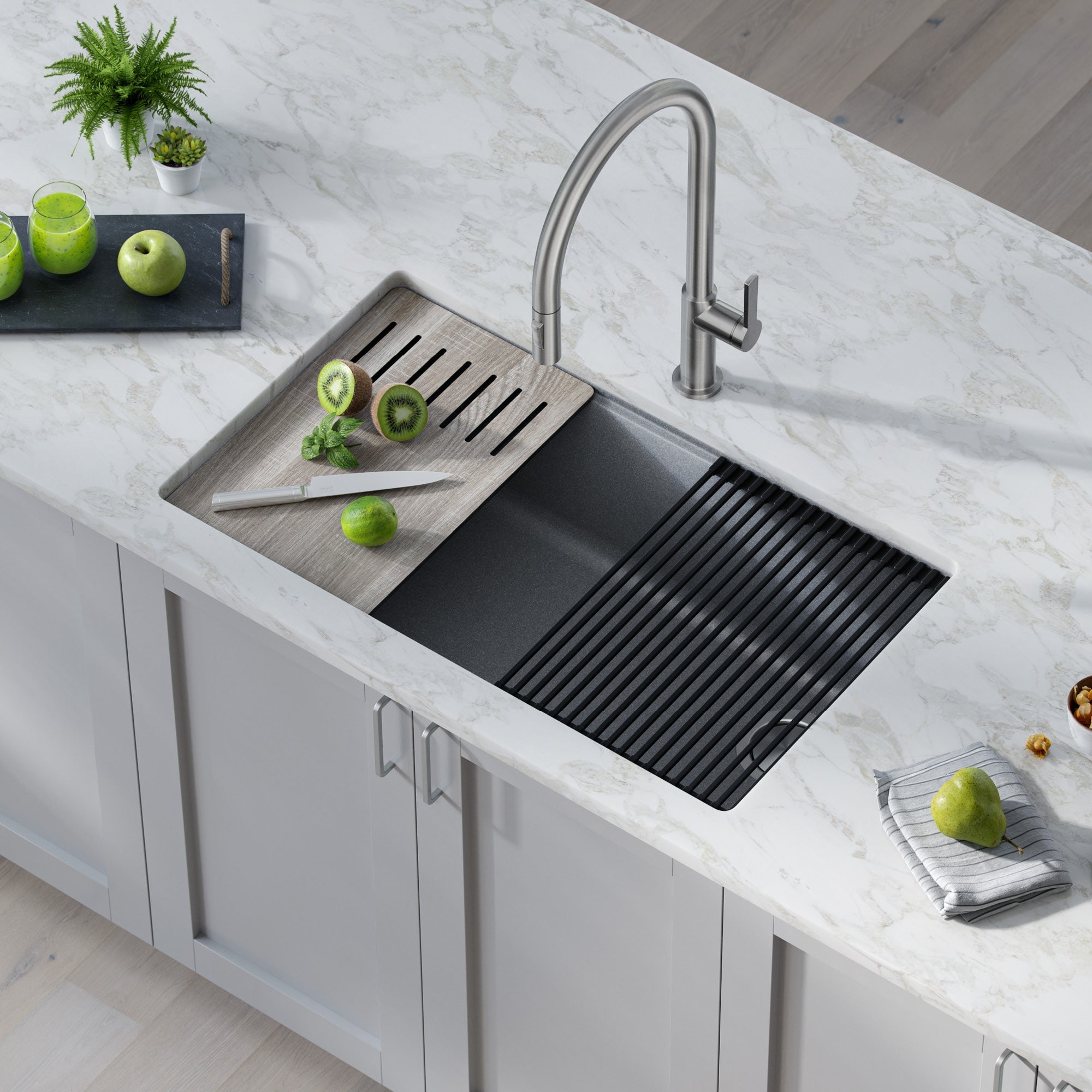 KRAUS Bellucci Workstation 33" Undermount Granite Composite Kitchen Sink in Metallic Gray with Accessories - KGUW2-33MGR