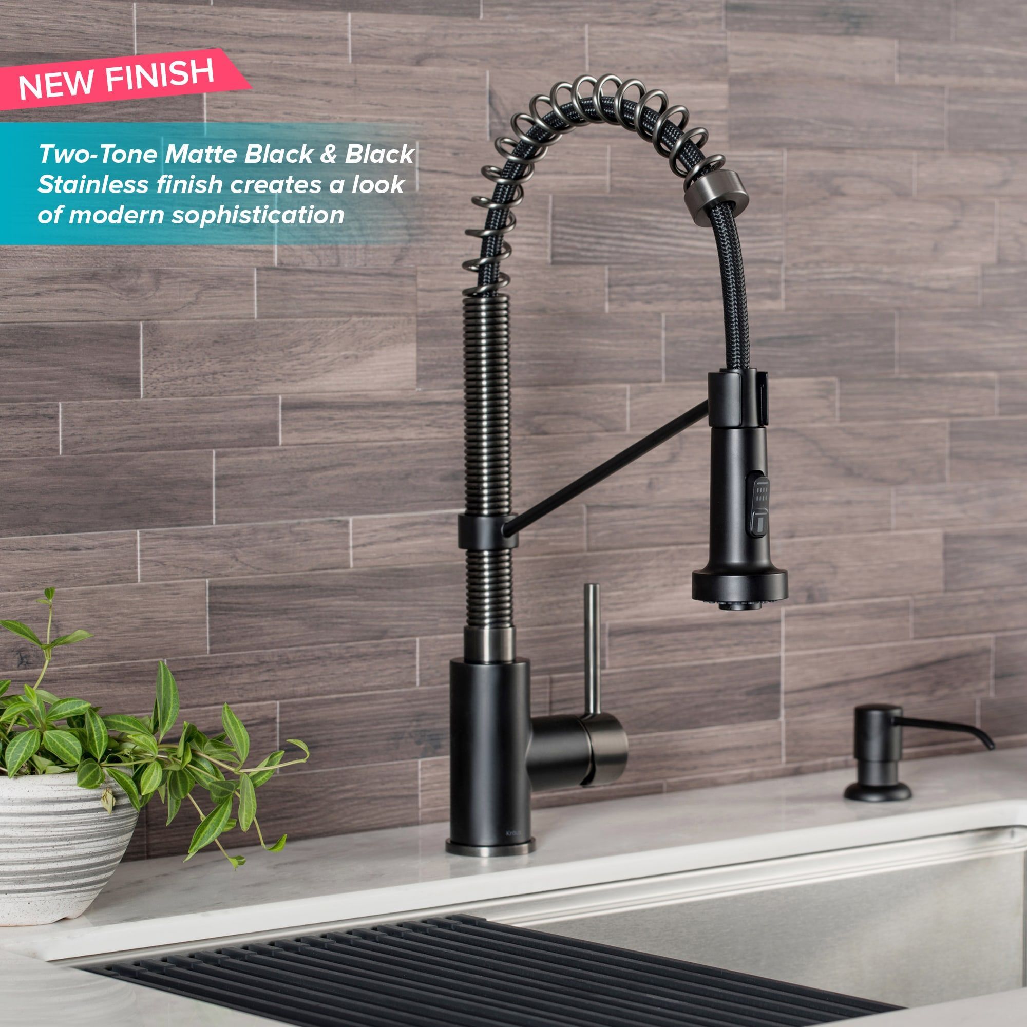 KRAUS Bolden 18-Inch Commercial Kitchen Faucet with Pull-Down Sprayhead in Matte Black/Black Stainless - KPF-1610MBSB
