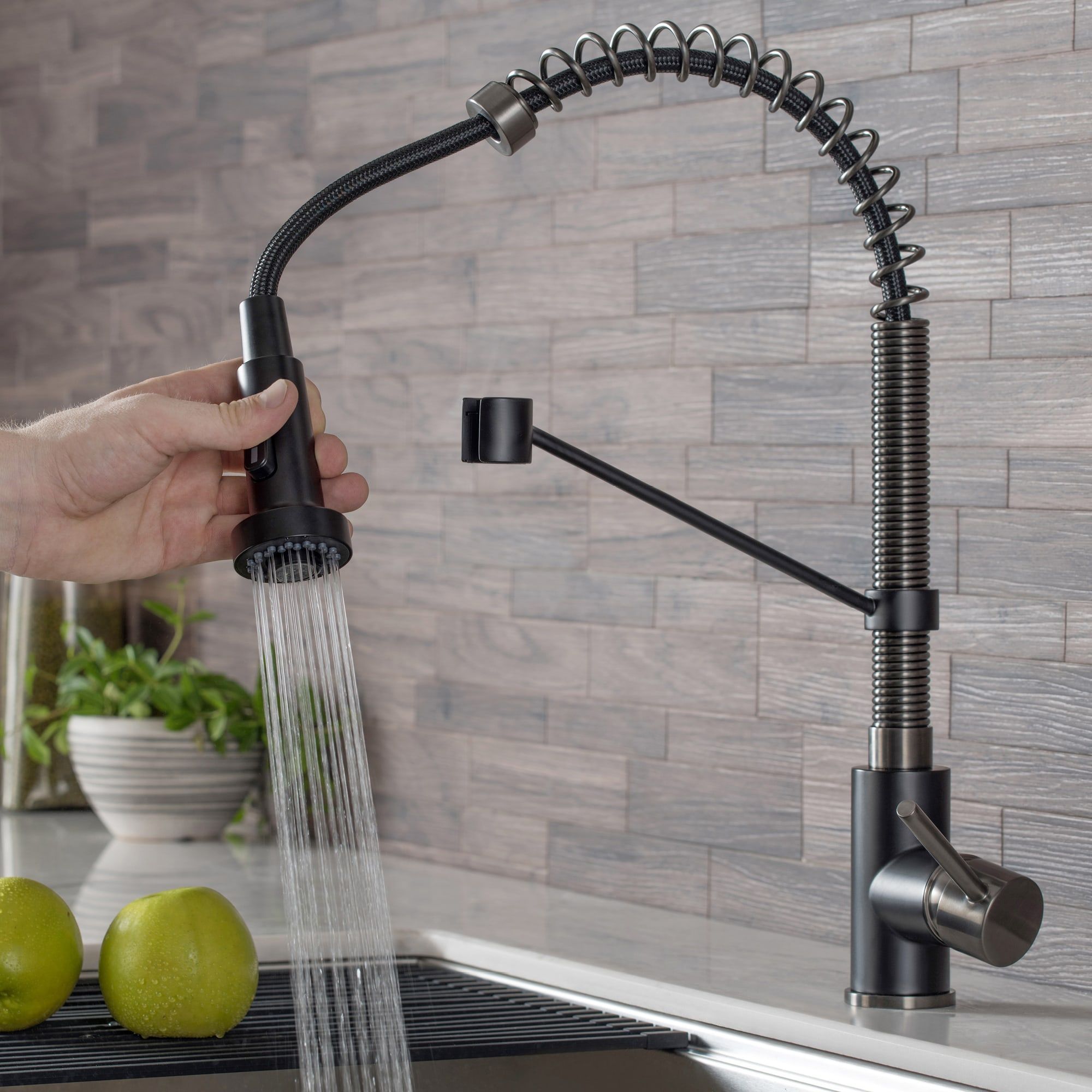 KRAUS Bolden 18-Inch Commercial Kitchen Faucet with Pull-Down Sprayhead in Matte Black/Black Stainless - KPF-1610MBSB