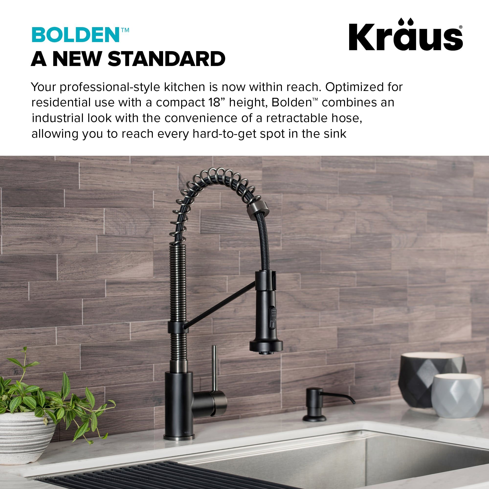 KRAUS Bolden 18-Inch Commercial Kitchen Faucet with Pull-Down Sprayhead in Matte Black/Black Stainless - KPF-1610MBSB