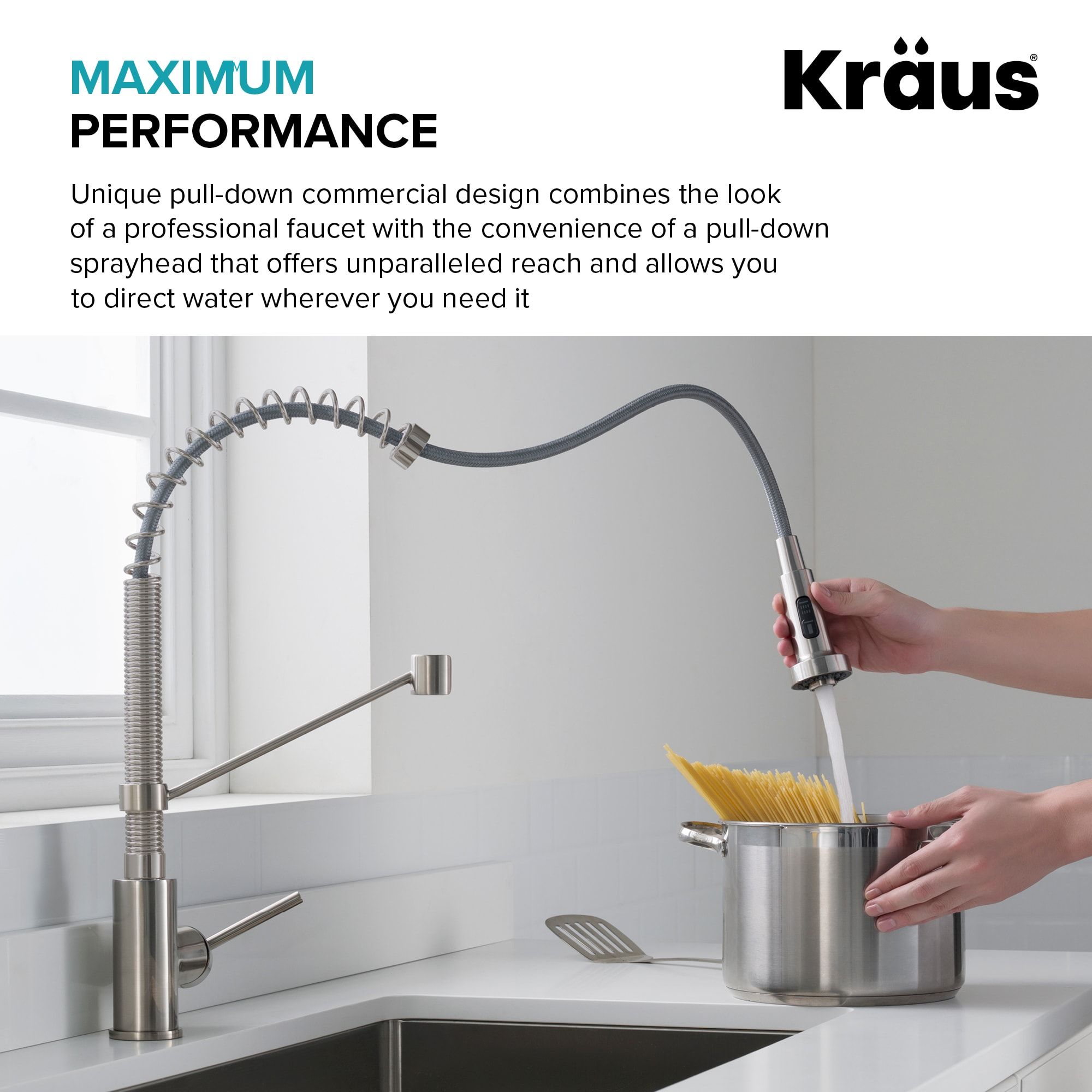 KRAUS Bolden 18-Inch Commercial Kitchen Faucet with Pull-Down Sprayhead in Matte Black/Black Stainless - KPF-1610MBSB