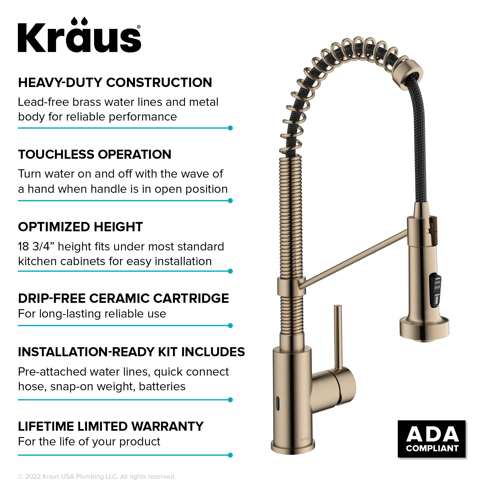 KRAUS Bolden Touchless Pull-Down Single Handle Faucet in Spot Free Antique Champagne Bronze - KSF-1610SFACB