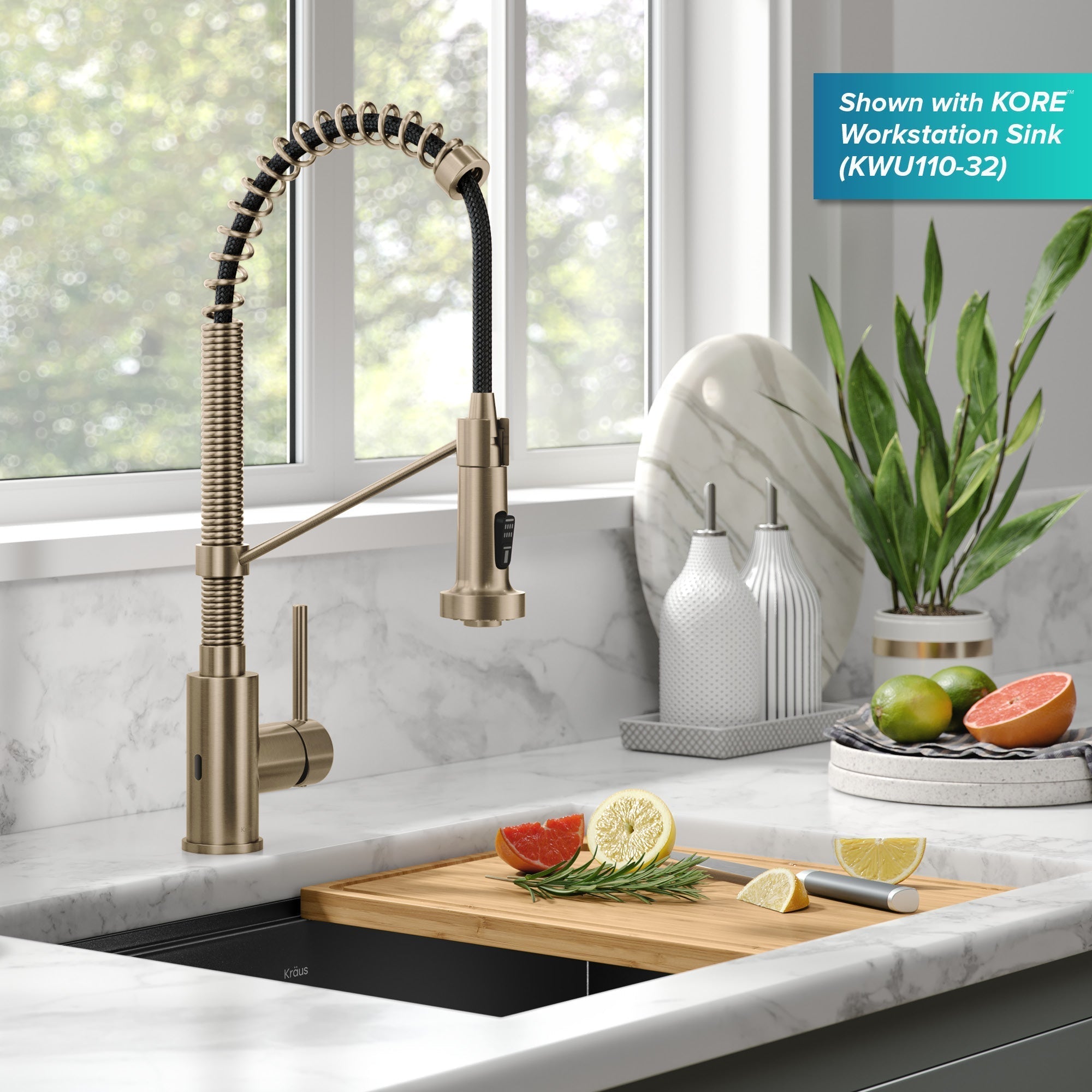 KRAUS Bolden Touchless Pull-Down Single Handle Faucet in Spot Free Antique Champagne Bronze - KSF-1610SFACB
