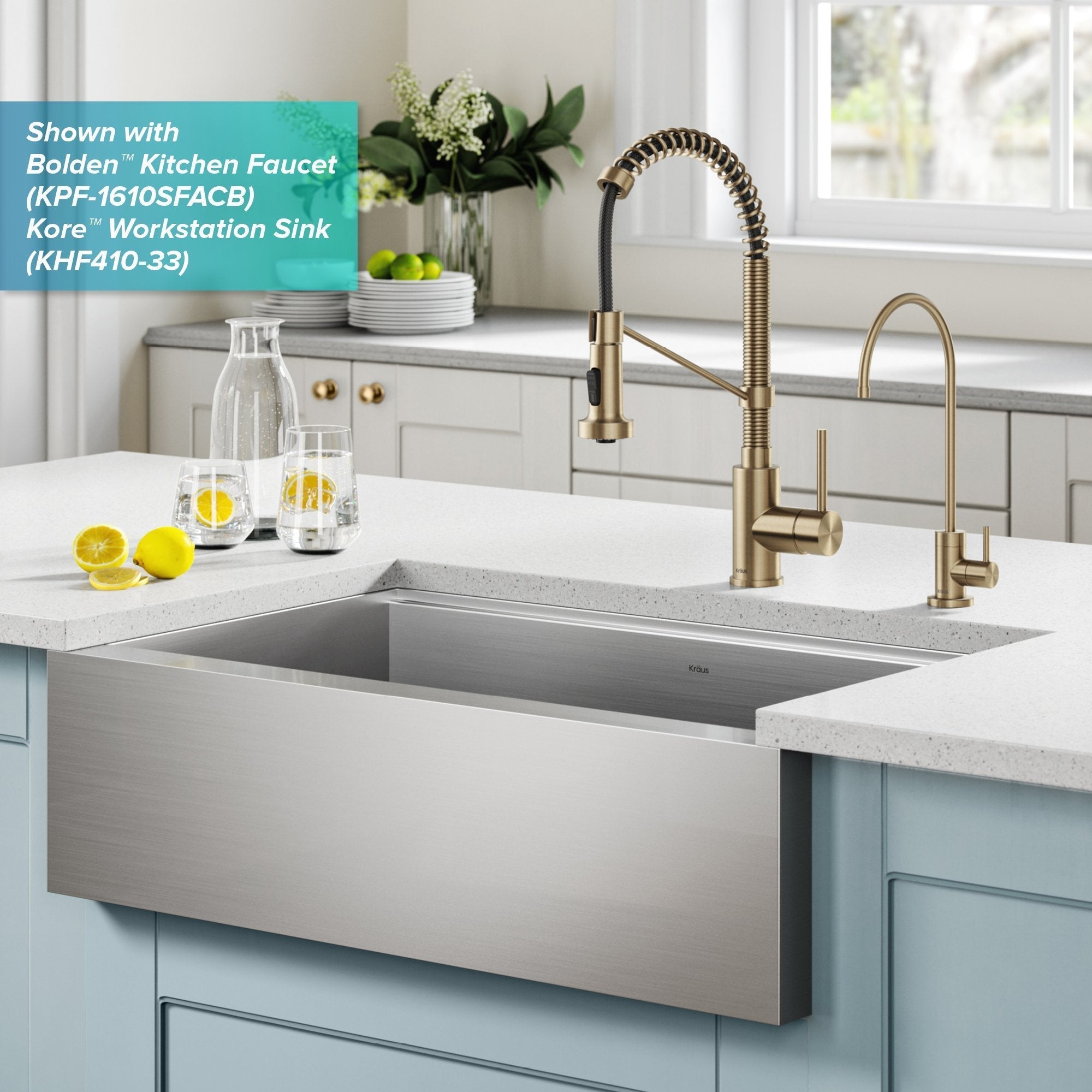 KRAUS Britt Commercial Style Kitchen Faucet and Purita Water Filter Faucet Combo in Spot Free Antique Champagne Bronze - KPF-1690-FF-100SFACB