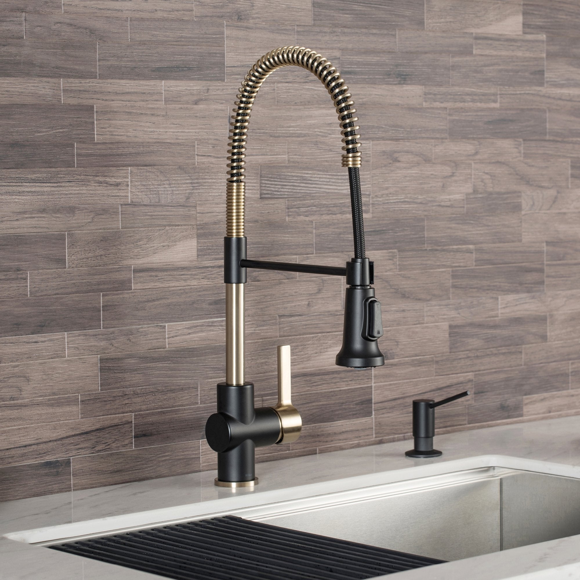 KRAUS Britt Commercial Style Kitchen Faucet in Matte Black/Brushed Gold - KPF-1690BGMB